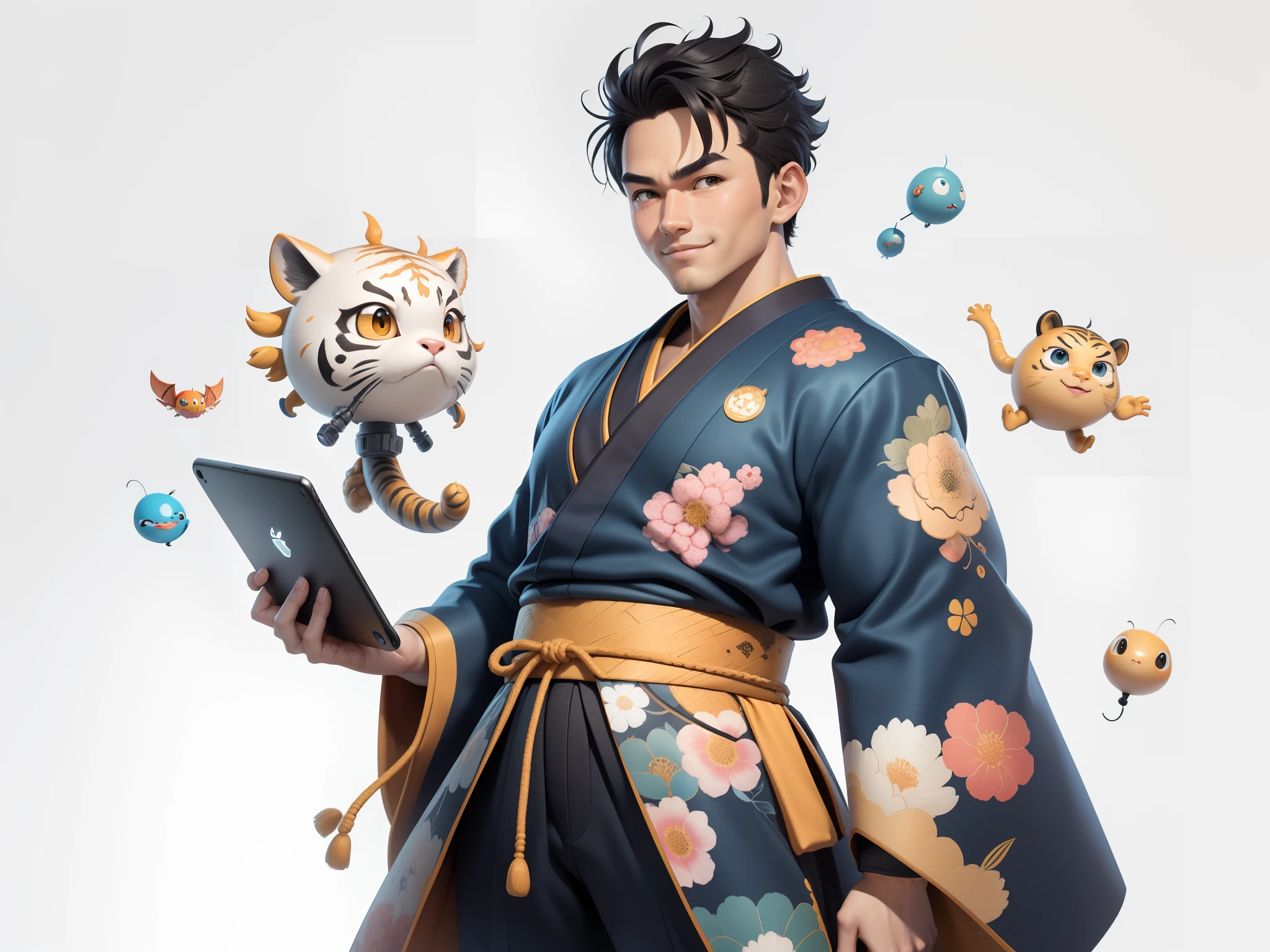 (Masterpiece), (Excellent), (Super Meticulous), (Full Body: 1.2), Super Young Man, Oriental Face, Japanese Kimono, Japanese Wind Thunder God, Dragon, Tiger, TV Anchor, Bust Portrait Illustration, Alone, Black Suit, Blue Tie, Slightly Chubby Face, Very Clean Face, No Beard, Black Super Short Hair, Black Eyes, Confident Smile, 3c Computer Sub-Products, iPad, iPhone, Digital Painting, 3D Character Design by Akira Toriyama and Mark Claireden and Pixar and Hayao Miyazaki, The illustration is a high-definition illustration in 4K resolution with very detailed facial features and cartoon-style visuals.