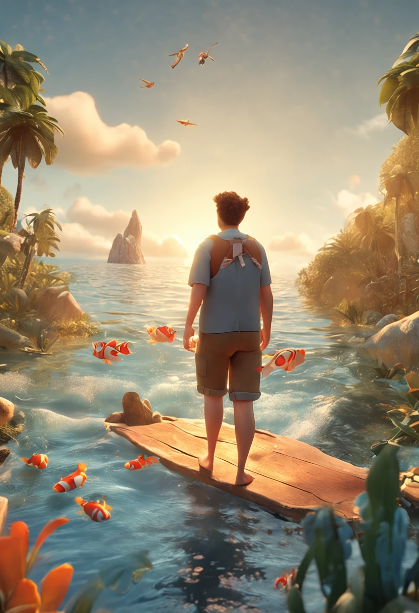movie picture quality，style of disney animation，Disney animated films，A fat uncle swims in the sea with a koi in his arms，short detailed hair，Denim suspenders，The barefoot，depth of fields，high light，Real light，Ray traching，oc rendered，Hyper-realistic，best qualtiy，8K，Works of masters，super-fine，Detailed pubic hair，Correct anatomy，sharp focus on eyes，Bokeh，Facial features are carefully depicted，Close-up