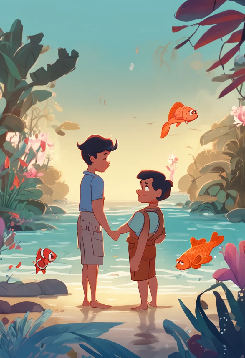 movie picture quality，style of disney animation，Disney animated films，A fat uncle swims in the sea with a koi in his arms，short detailed hair，Denim suspenders，The barefoot，depth of fields，high light，Real light，Ray traching，oc rendered，Hyper-realistic，best qualtiy，8K，Works of masters，super-fine，Detailed pubic hair，Correct ???????，sharp focus on eyes，Bokeh，Facial features are carefully depicted，Close-up