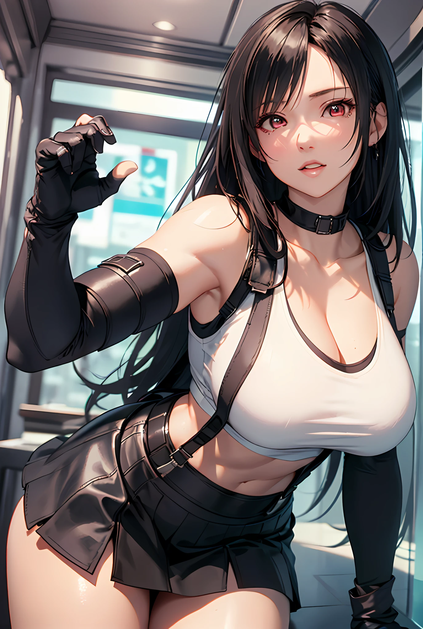 8k,masterpiece, bset quality,big, (1 girl), tifa lockhart, red_eyes, black hair, long hair, professional lighting, (shiny skin: 1.2), shiny big, ((best quality)), sharp focus: 1.2, highly detailed face and skin texture, detailed eyes, perfect face, perfect body, blur art, cg, background, Big breasts, presence (20yo, mature cool and beautiful face), wearing ((suspender black skirt), black elbow gloves, white taut shirt, thigh, white tank top), blush, (mittgal), random pose, top view,