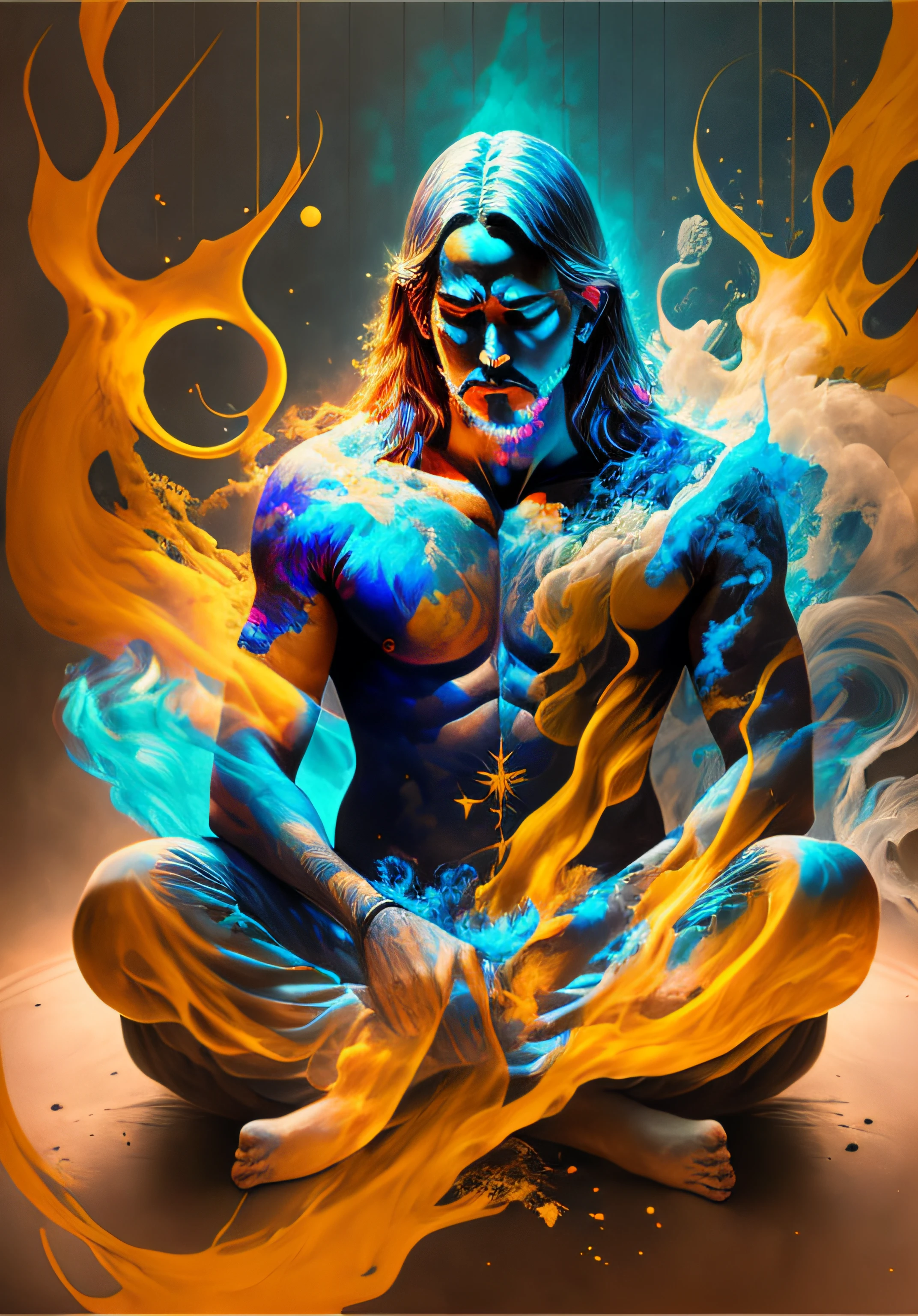 Awake man sitting meditating in the world of the 5th dimension, meditando em meio ao caos, character render, ultra high quality model, ethereal background, beleza abstrata, explosive volumetric, oil painting, heavy strokes, gotejamento de tinta, 1 Homem, magic lighting, lighting lighting, Buda, swastika symbol, nirvana, image at 1280x720 aspect ratio