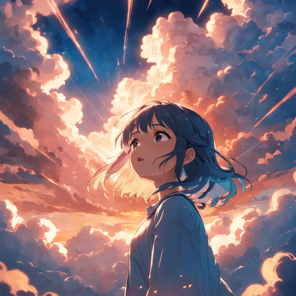 masterpiece, best quality, movie still, 1girl, cloud girl, floating in the sky, close-up, bright, happy, warm soft lighting, sunset, (sparks:0.7)
