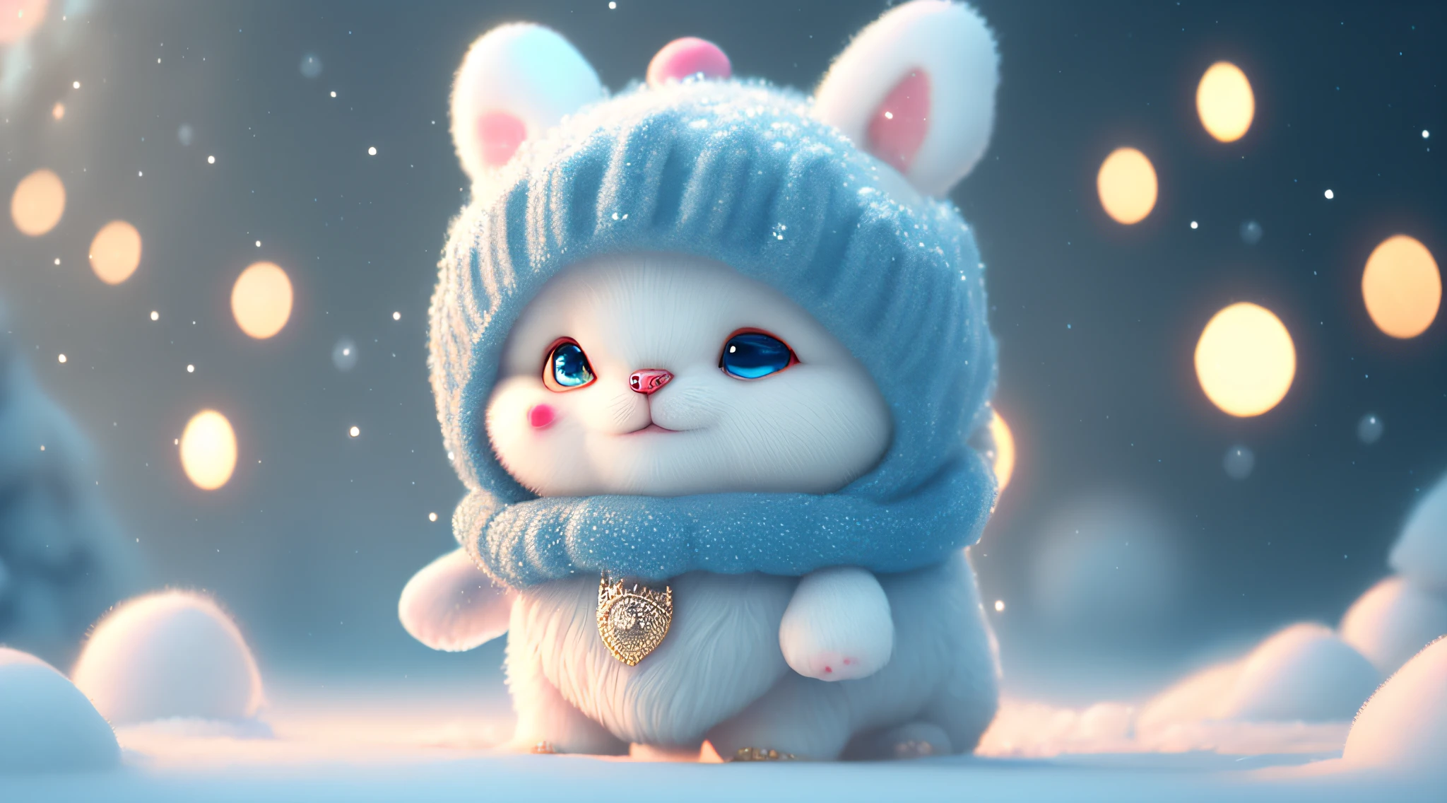A winter full of regret,drifting snow,Super cute Pixar style puppy,Sparkling snow-white plush,Big bright eyes,Furry tail,Wear a cyan sweater,Wearing a cyan hat,ssmile,delicated,fairytale-like,Incredibly high detail,pixar-style,Bright colors,Natural soft light,Simple background in solid color,5 and octane rendering,ArtStation Trends,opulent,ultra-wide-angle,8K,HD realistic,8K high-definition,Phone pictures,V 4 Q 2 2