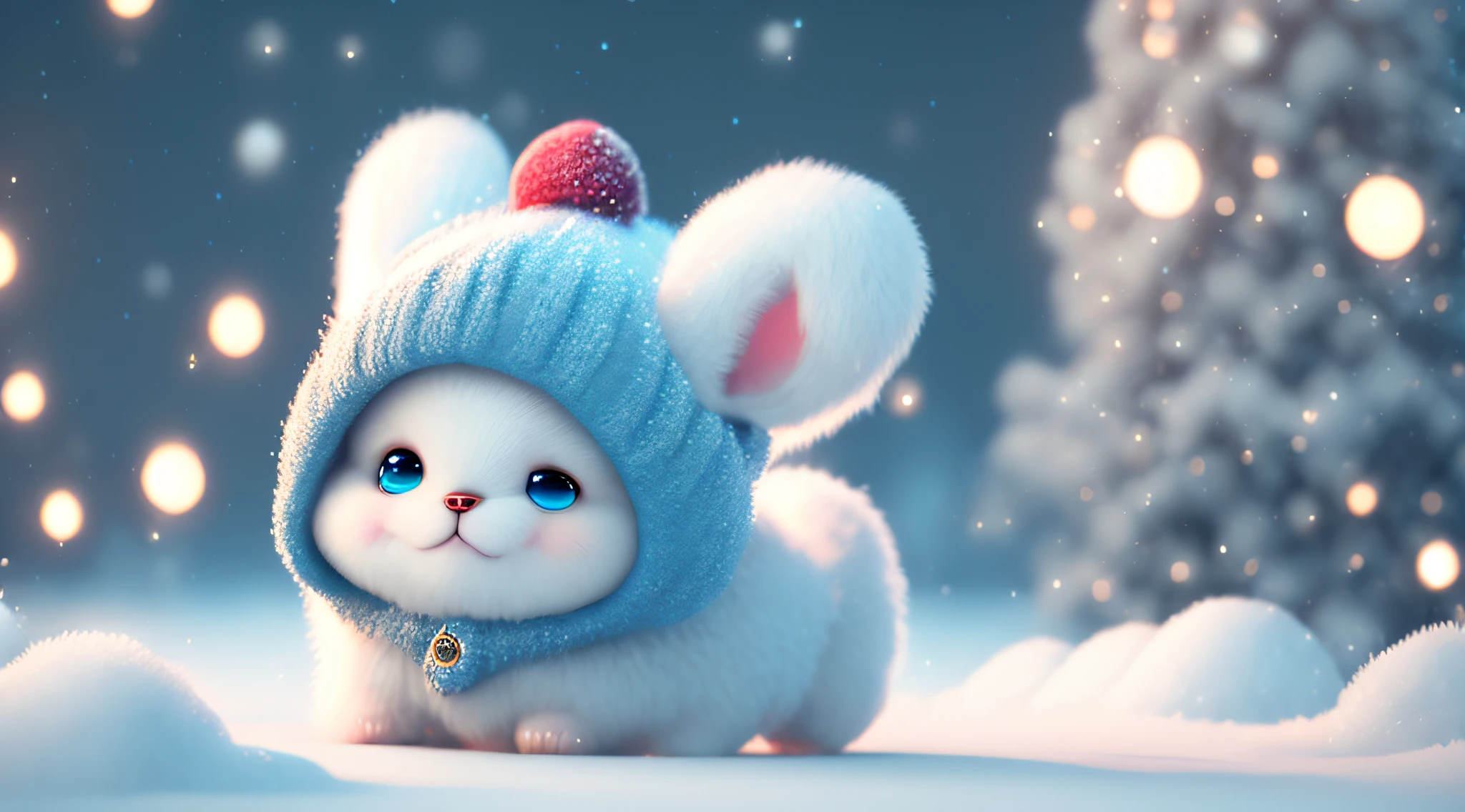 A winter full of regret，drifting snow，Super cute Pixar style puppy，Sparkling snow-white plush，Big bright eyes，Furry tail，Wear a cyan sweater，Wearing a cyan hat，ssmile，delicated，fairytale-like，Incredibly high detail，pixar-style，Bright colors，Natural soft light，Simple background in solid color，5 and octane rendering，ArtStation Trends，opulent，ultra-wide-angle，8K，HD realistic，8K high-definition，Phone pictures，V 4 Q 2 2