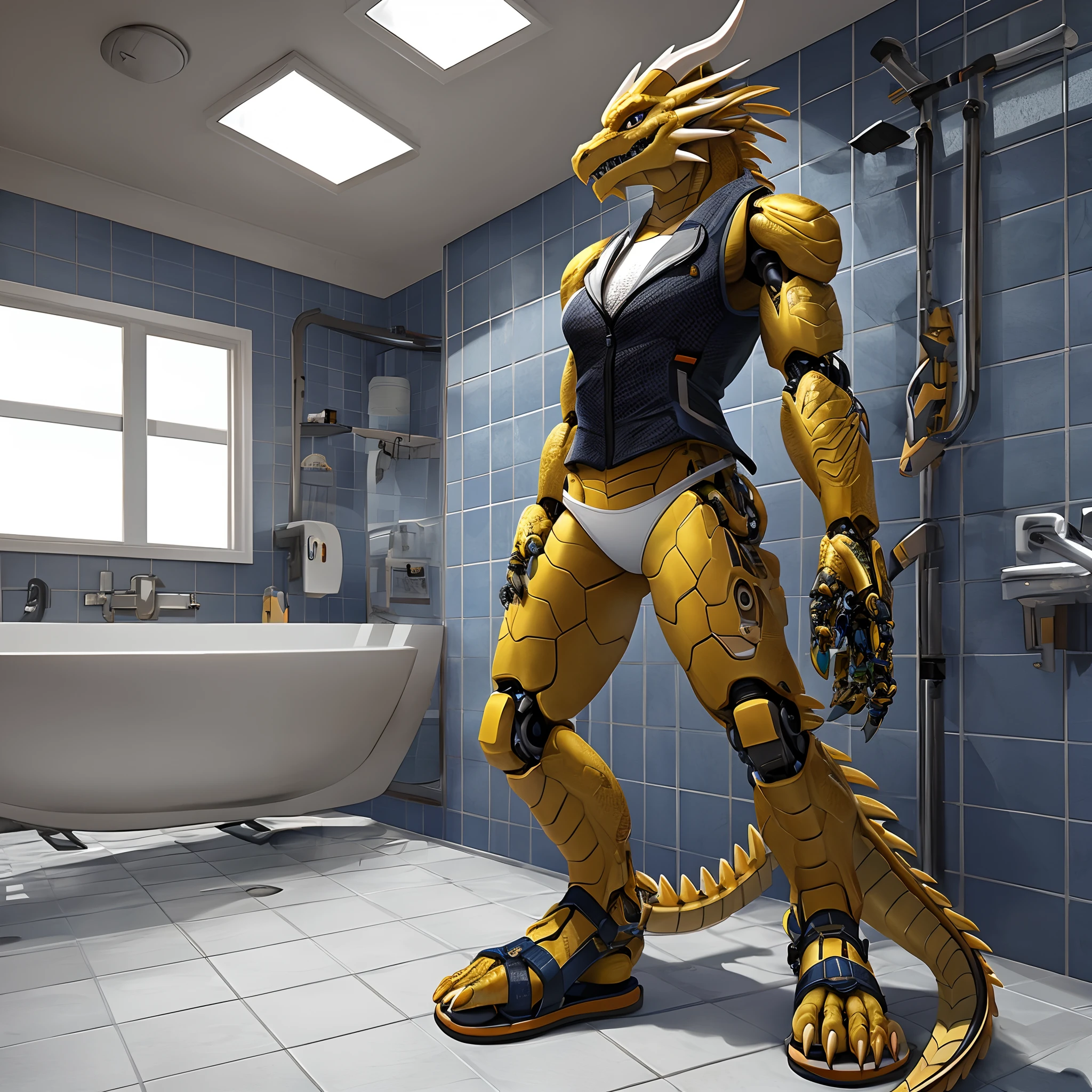 Bionic Mechanical Dragon，Golden Dragon，female，Gilet blanc，white  panties，sandals，Standing on the porcelain floor of the apartment。HD graphics，Detailed and realistic，high detal，high qulity