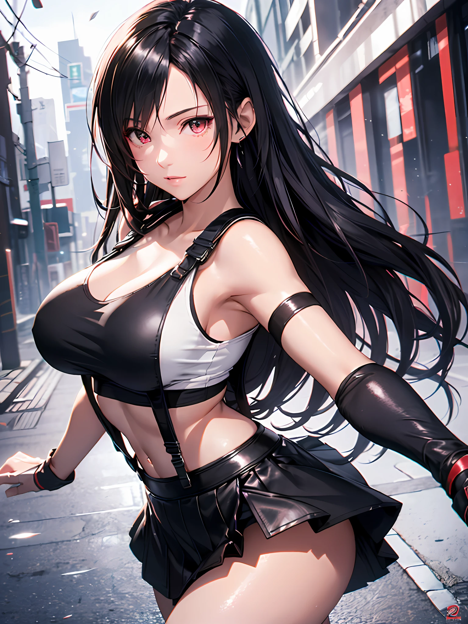 8k,masterpiece, bset quality,big, (1 girl), tifa lockhart, red_eyes, black hair, long hair, professional lighting, (shiny skin: 1.2), shiny big, ((best quality)), sharp focus: 1.2, highly detailed face and skin texture, detailed eyes, perfect face, perfect body, blur art, cg, backgroundBig breasts, 20yo, mature cool and beautiful face, wearing ((suspender black skirt), black elbow gloves, white taut shirt, thigh, white tank top), blush, lively pose, (mittgal), floating hair, random pose,