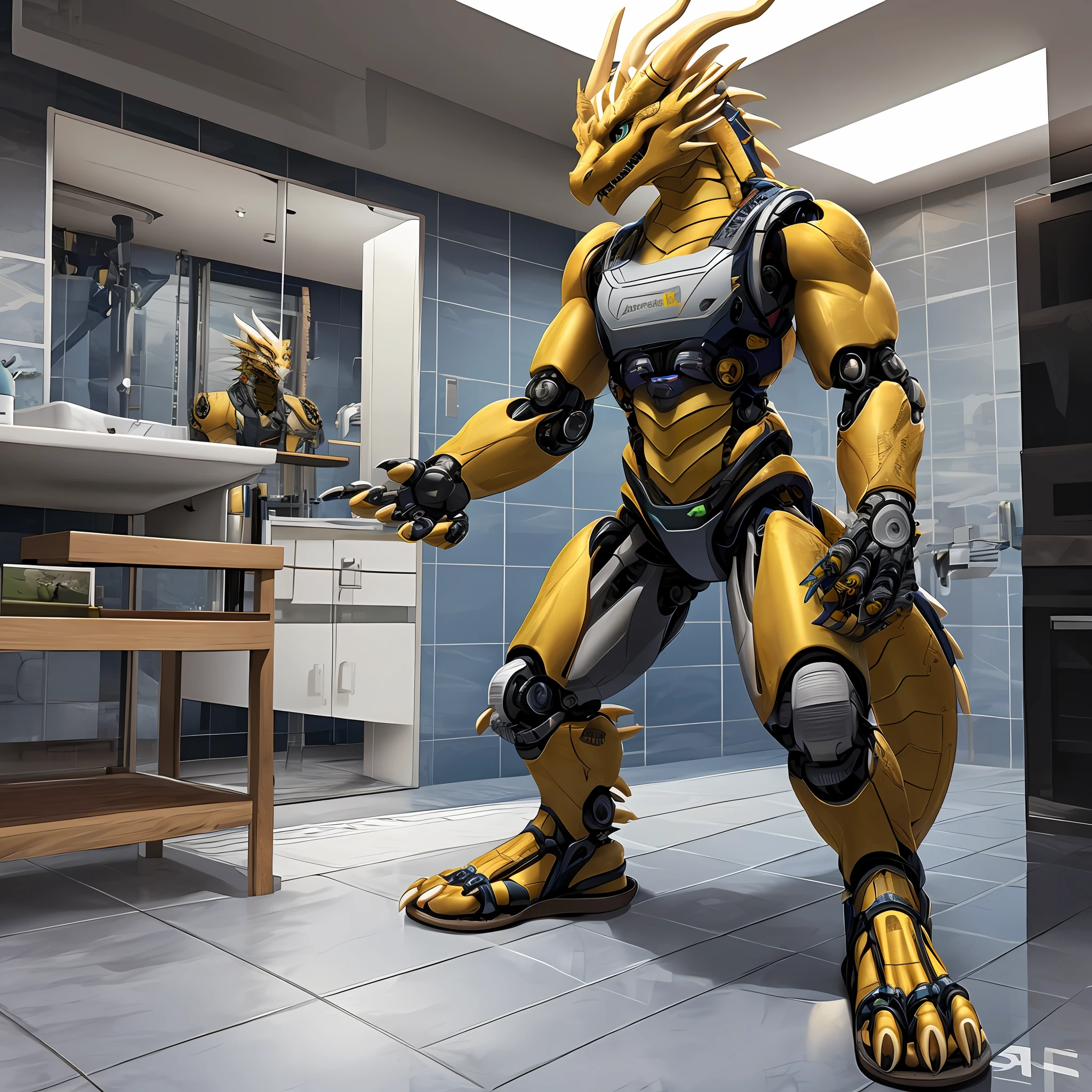 Bionic Mechanical Dragon,Golden Dragon,female,Gilet blanc,white panties,sandals,Standing on the porcelain floor of the apartment。HD graphics,Detailed and realistic,high detal,high qulity