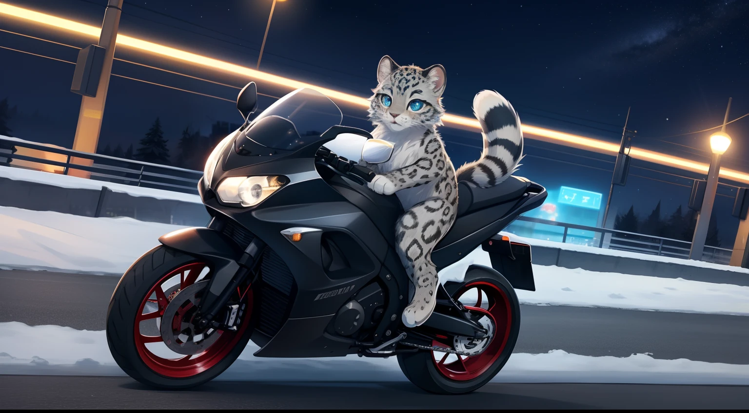 Furry mascot，Lovely image，Gray snow leopard，Black motorcycle，Cute little animals，Long, fluffy tail，On the city highway，full of lights，Cubs，is in night，nigh sky, stars，Close-up of cute characters