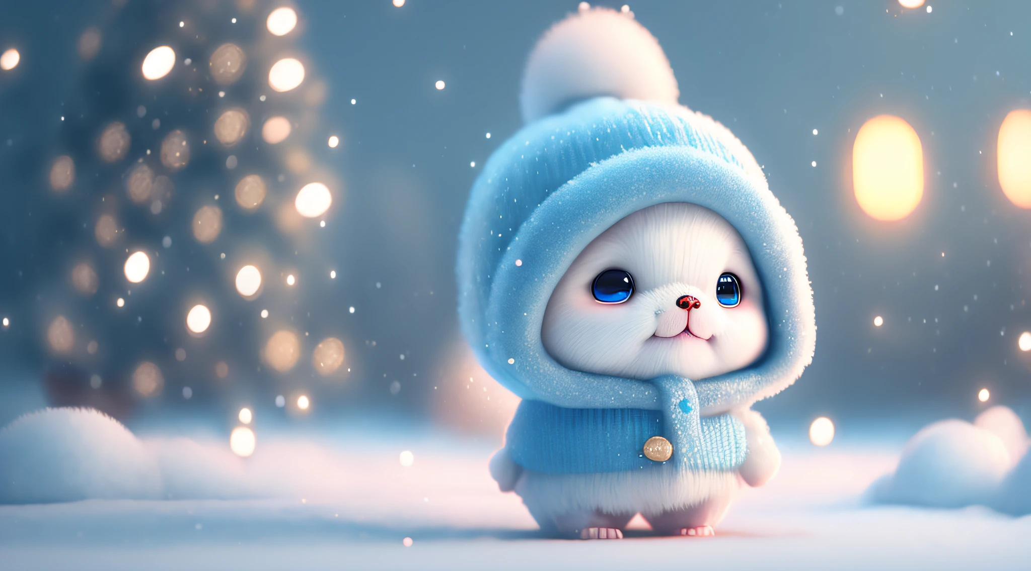 A winter full of regret,drifting snow,Super cute Pixar style puppy,Sparkling snow-white plush,Big bright eyes,Furry tail,Wear a cyan sweater,Wearing a cyan hat,ssmile,delicated,fairytale-like,Incredibly high detail,pixar-style,Bright colors,Natural soft light,Simple background in solid color,5 and octane rendering,ArtStation Trends,opulent,ultra-wide-angle,8K,HD realistic,8K high-definition,Phone pictures,V 4 Q 2 2