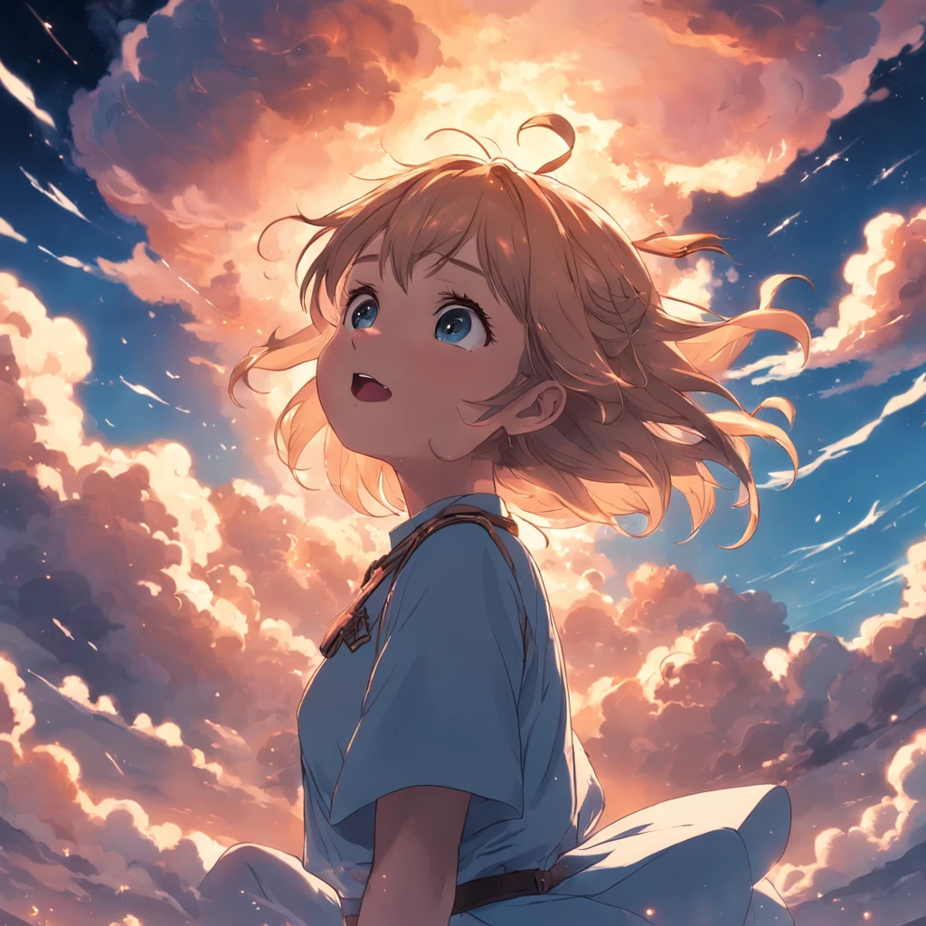 masterpiece, best quality, movie still, 1girl, cloud girl, floating in the sky, close-up, bright, happy, warm soft lighting, sunset, (sparks:0.7)