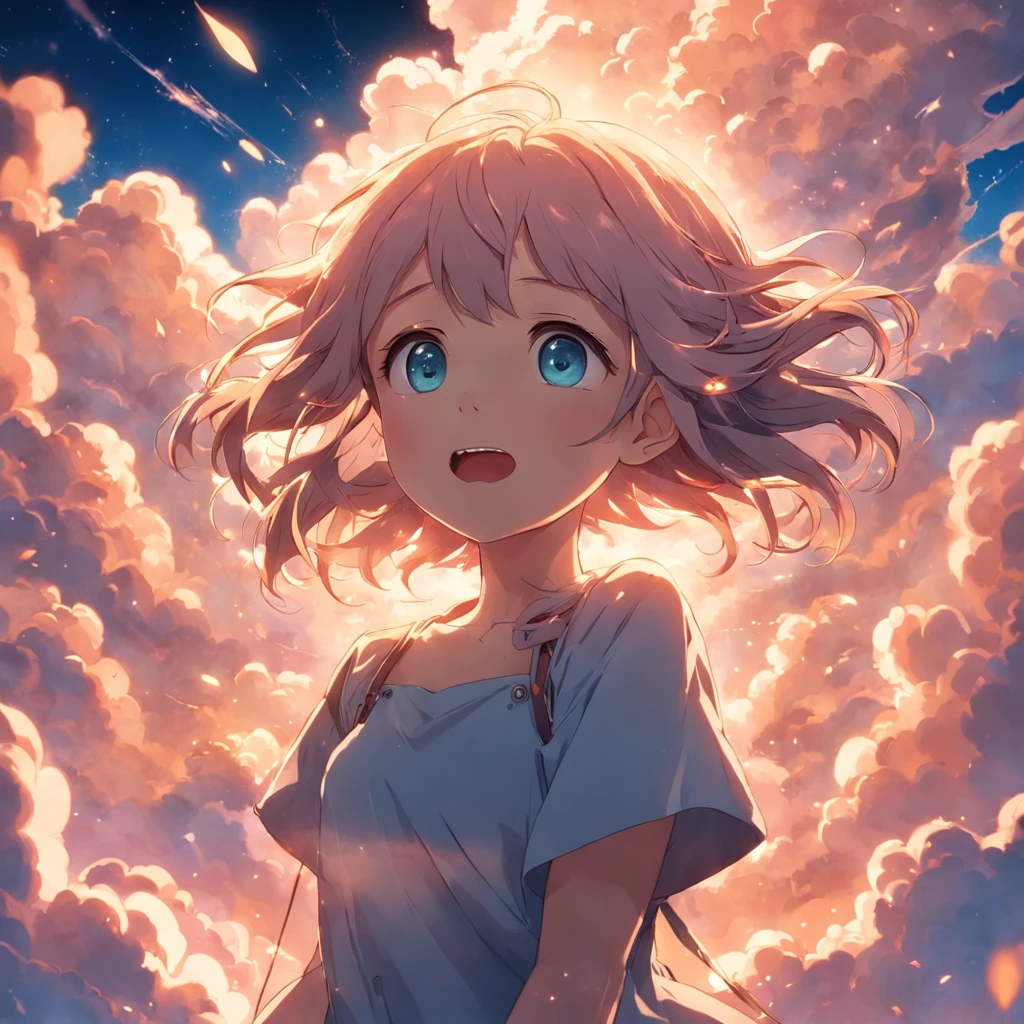masterpiece, best quality, movie still, 1girl, cloud girl, floating in the sky, close-up, bright, happy, warm soft lighting, sunset, (sparks:0.7)