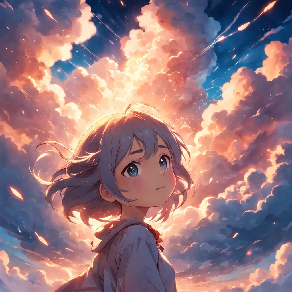 masterpiece, best quality, movie still, 1girl, cloud girl, floating in the sky, close-up, bright, happy, warm soft lighting, sunset, (sparks:0.7)