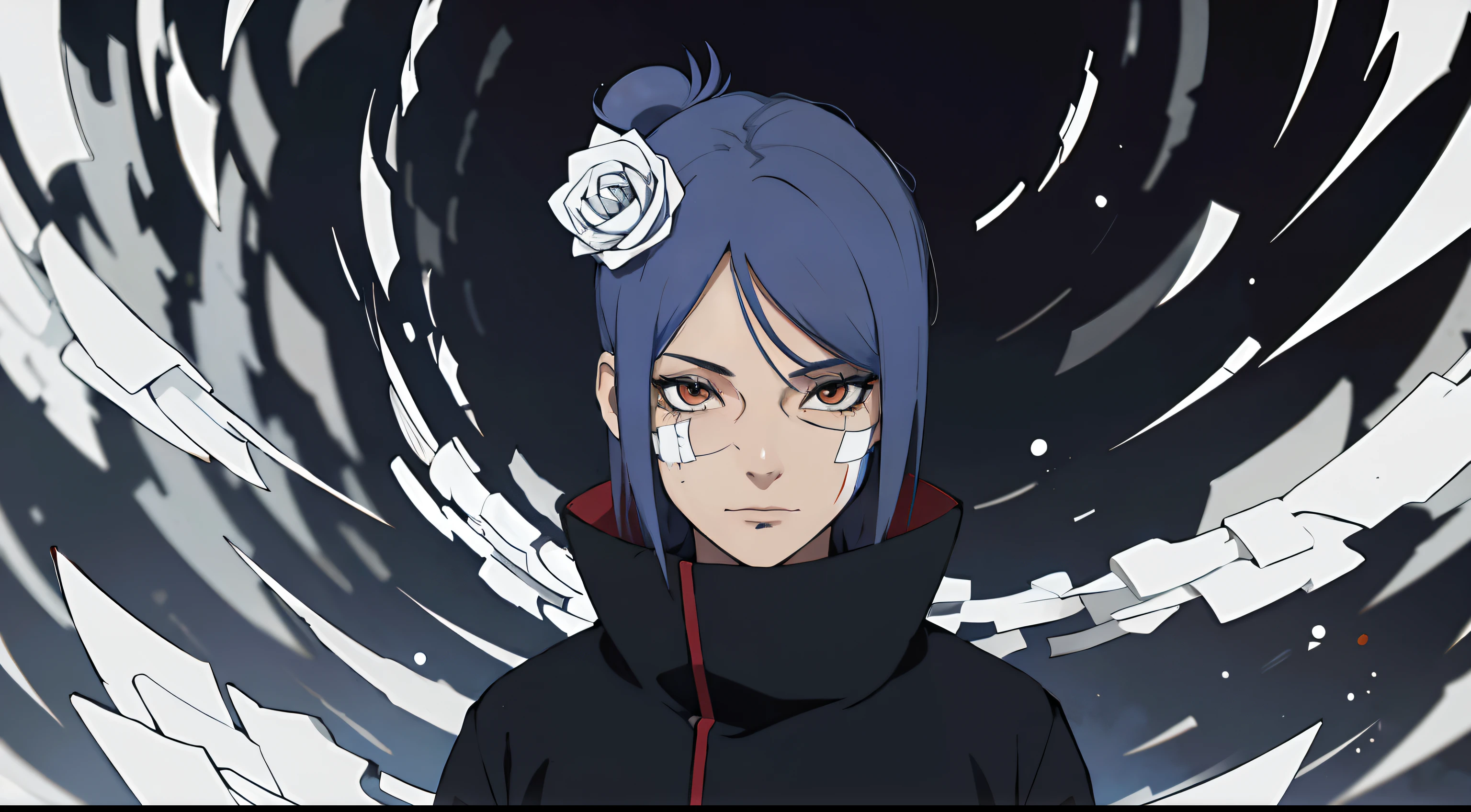 Absurdo, (melhor qualidade), (obra-prima), (ultra-detalhado: 1.2), (fotorrealista: 1.1), (Alto), 1Menina,(injury:1.1),(sangue:1.1), Konan \(Naruto\), (biquini akatsuki:1.1), Piercing labret, (Papel:1.2), ripples, rodopiando, rainbowart,