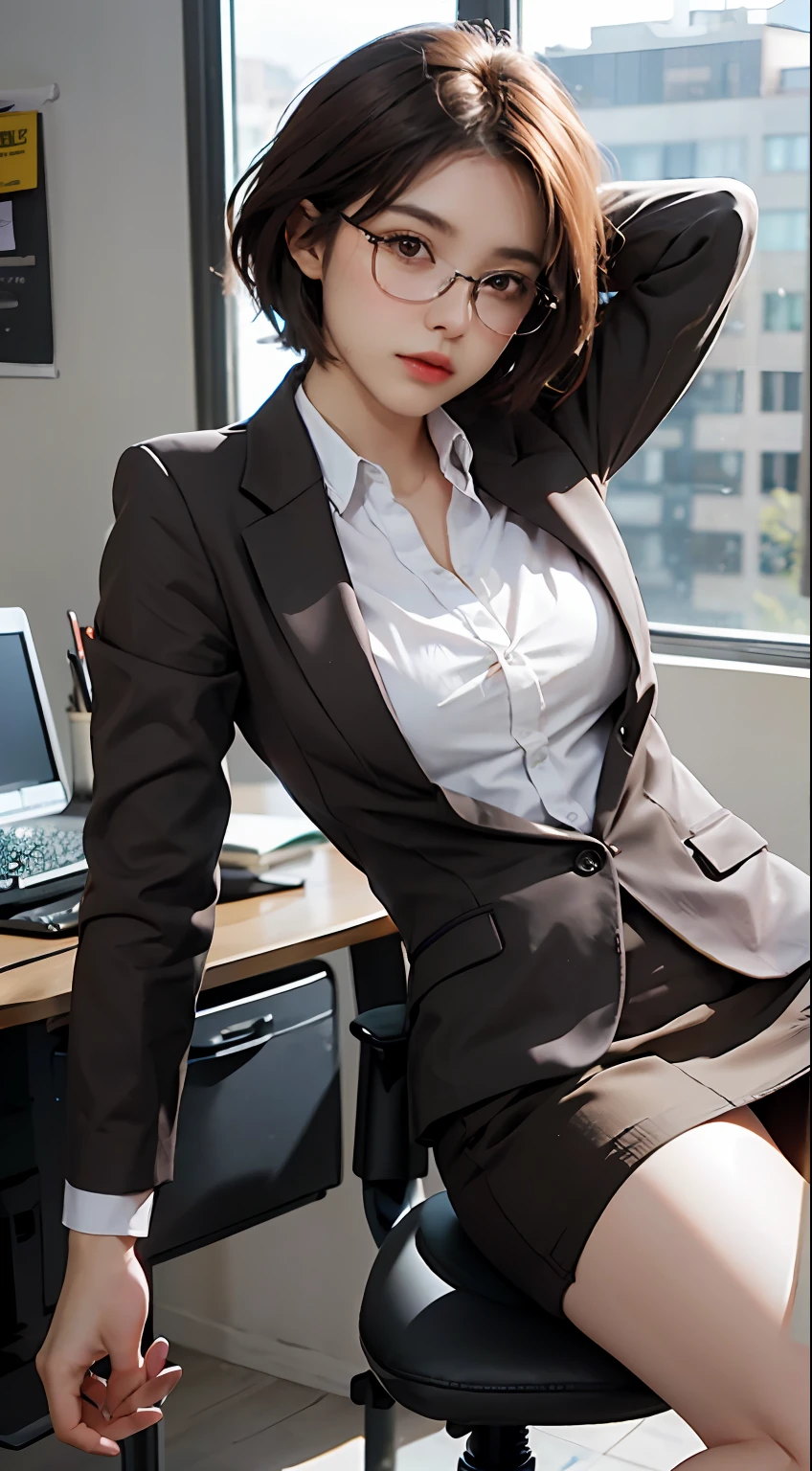 Top Quality, Photorealistic, 8K, High Resolution, 1 girl, Female, (medium breasts: 1.8), Office, Brown suit, No panties, Skirt flipping up, At work, Sitting in office chair and legs wide open, Slightly short hairstyle, Bronze hair, Black-rimmed glasses, Unbuttoned shirt, Legs up, Lean forward,