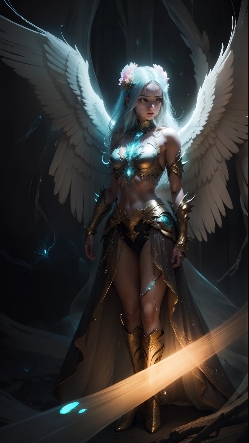 semi-angel female, bioluminescent arms, hyperdetailed, medium shot, cinematic