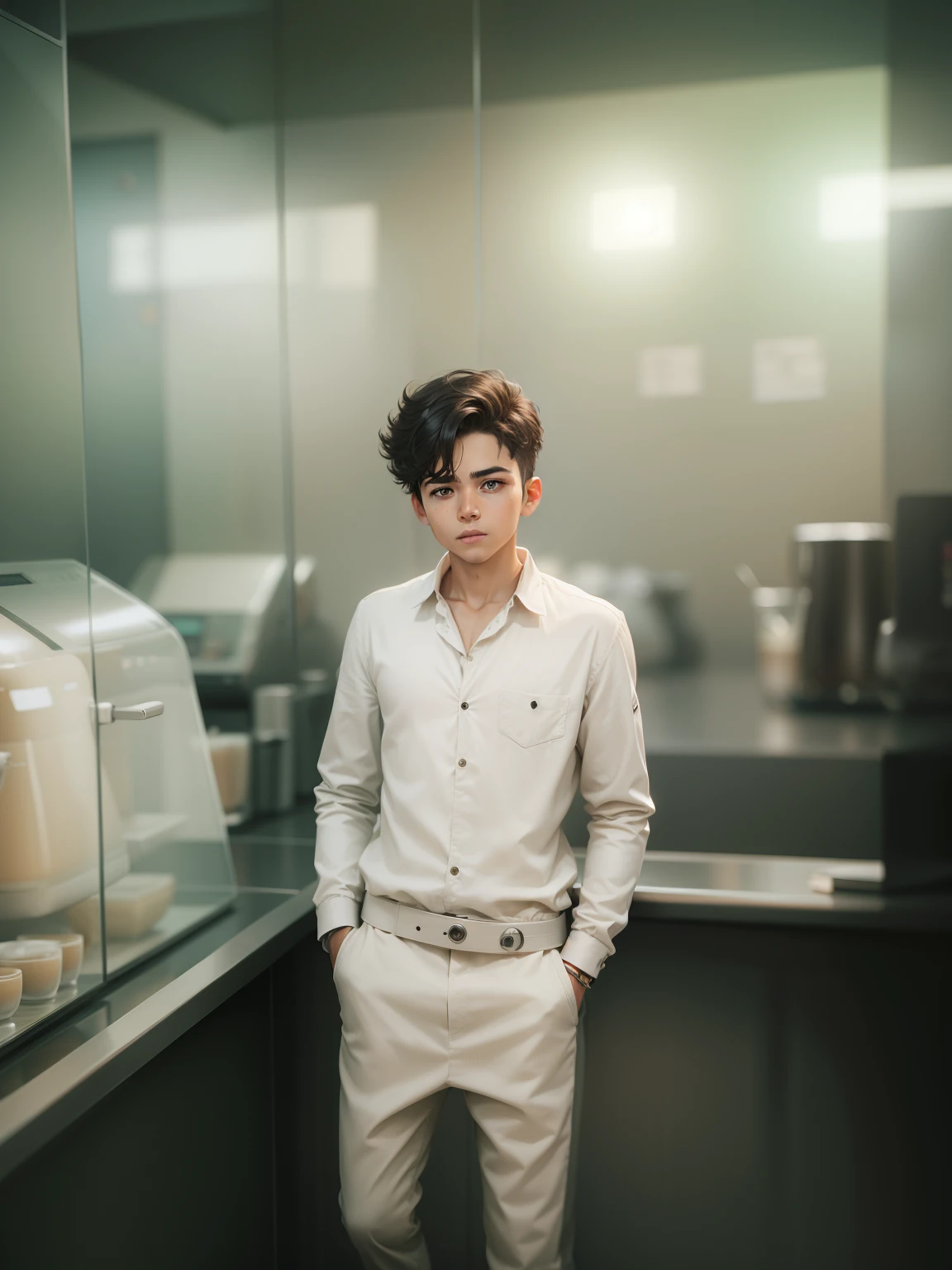 Boy with coffee futuristic background realisti  c realistic  face