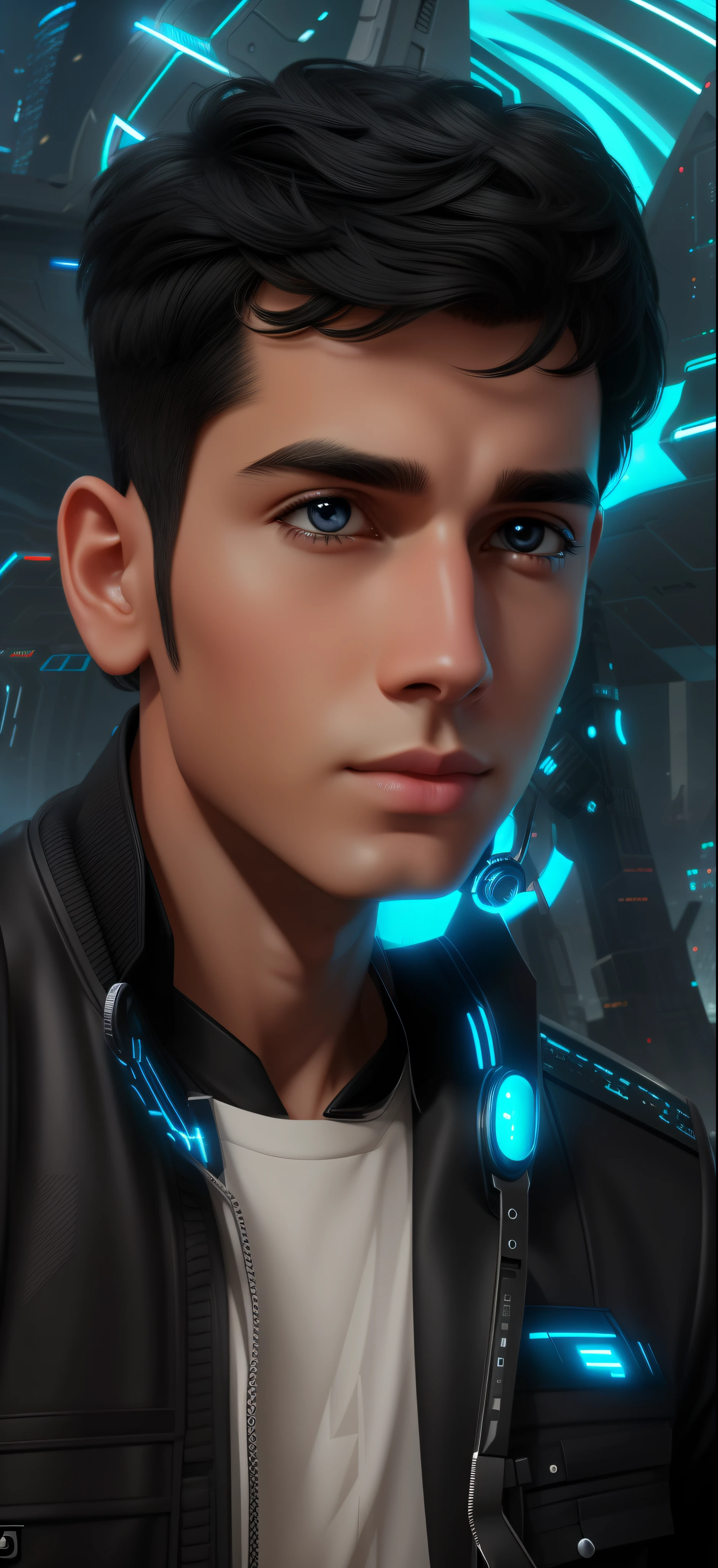 Boy with black hair futuristic background realisti c face 8k ultra high quality hd