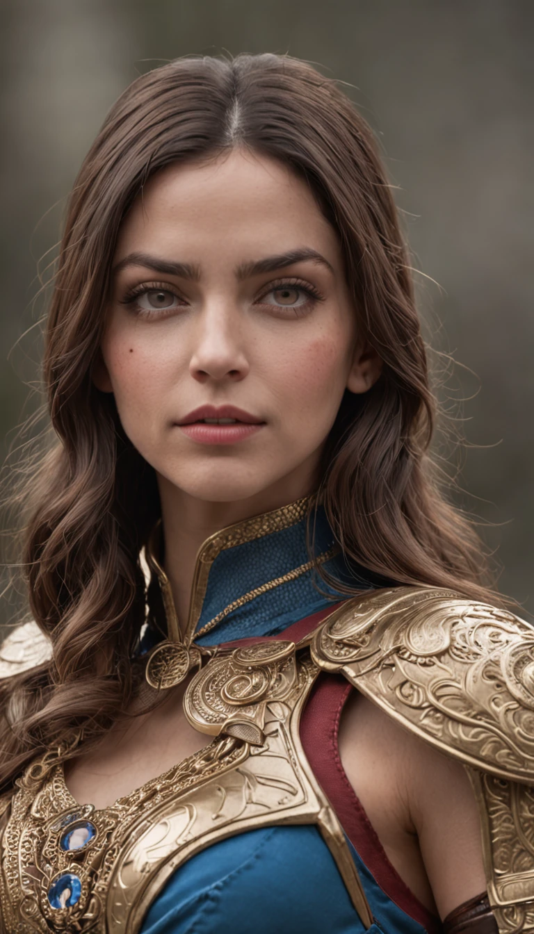 Ana de Armas como Mulher-Maravilha, Realistic, is an iconic superheroine known for her strength, courage and compassion. His face exudes determination and a sense of justice. His piercing eyes reflect his unwavering determination and compassion for others. Her dark hair falls in lush waves framing her face with elegance. She wears her iconic red costume, azul e dourado;. em torno de sua cintura, Ela usa um cinto de ouro com um destaque "em" simbol. Their accessories include golden gauntlets on their arms, servindo como armadura defensiva e armas poderosas. Ela usa botas vermelhas e brancas que lhe proporcionam estabilidade e aumentam sua velocidade e agilidade. Carry the Lasso of Truth, uma corda de ouro que obriga qualquer um apanhado ao seu alcance a dizer a verdade.