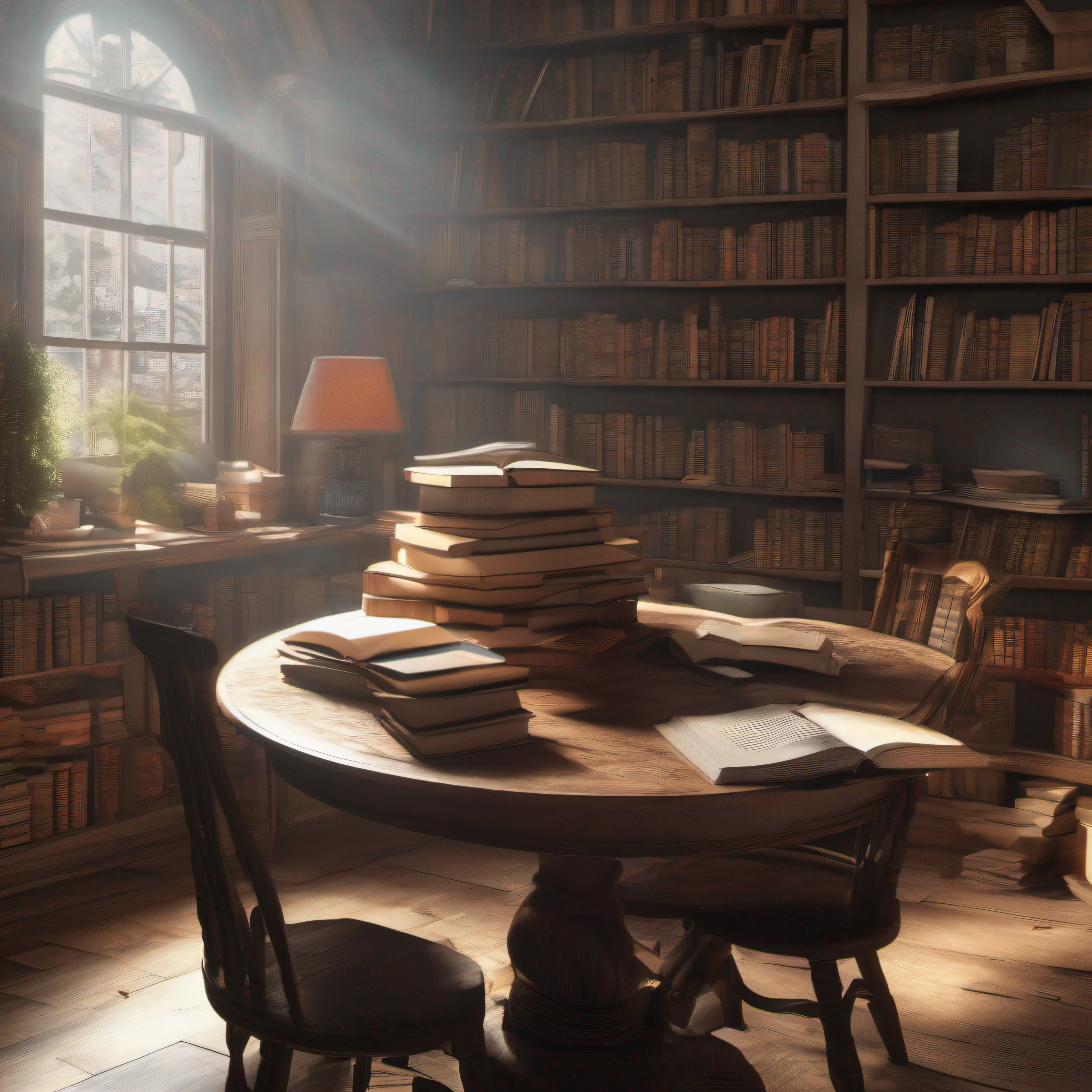 Una pila de libros en una mesa redonda, The table is small, The books are very well designed, luz natural, 8k, HD, UHD, Professional, canon ef 70 mm, por Berndnaut Smilde y Bernie Wrightson