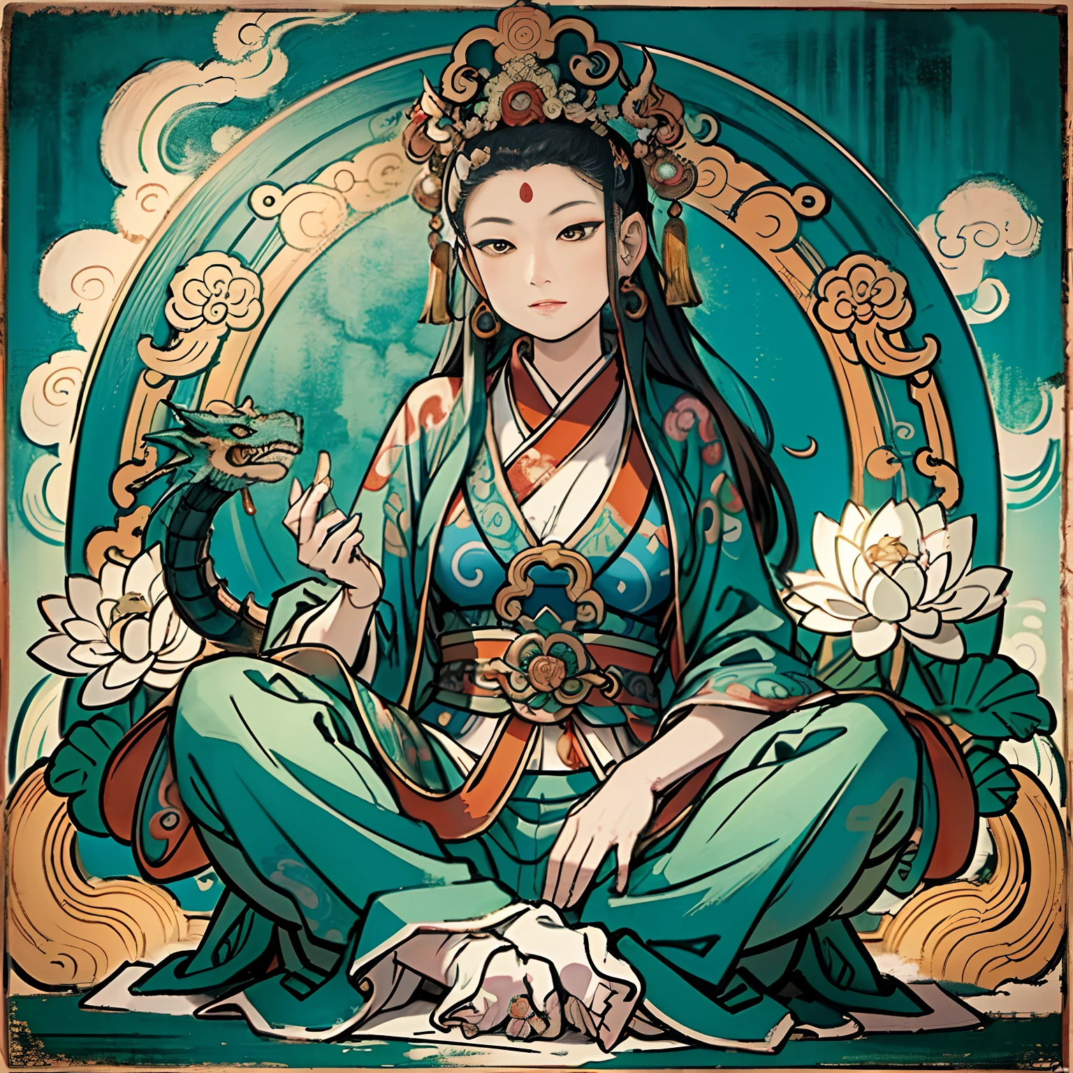 an ancient Chinese goddess, guanyin of the southern seas, Guanyin, Inspired by India, Avalokiteshvara rides a dragon,,Serene expression,shui mo hua,Buddha,Buddhist,Lotus,Chinese painting style,Thangka style