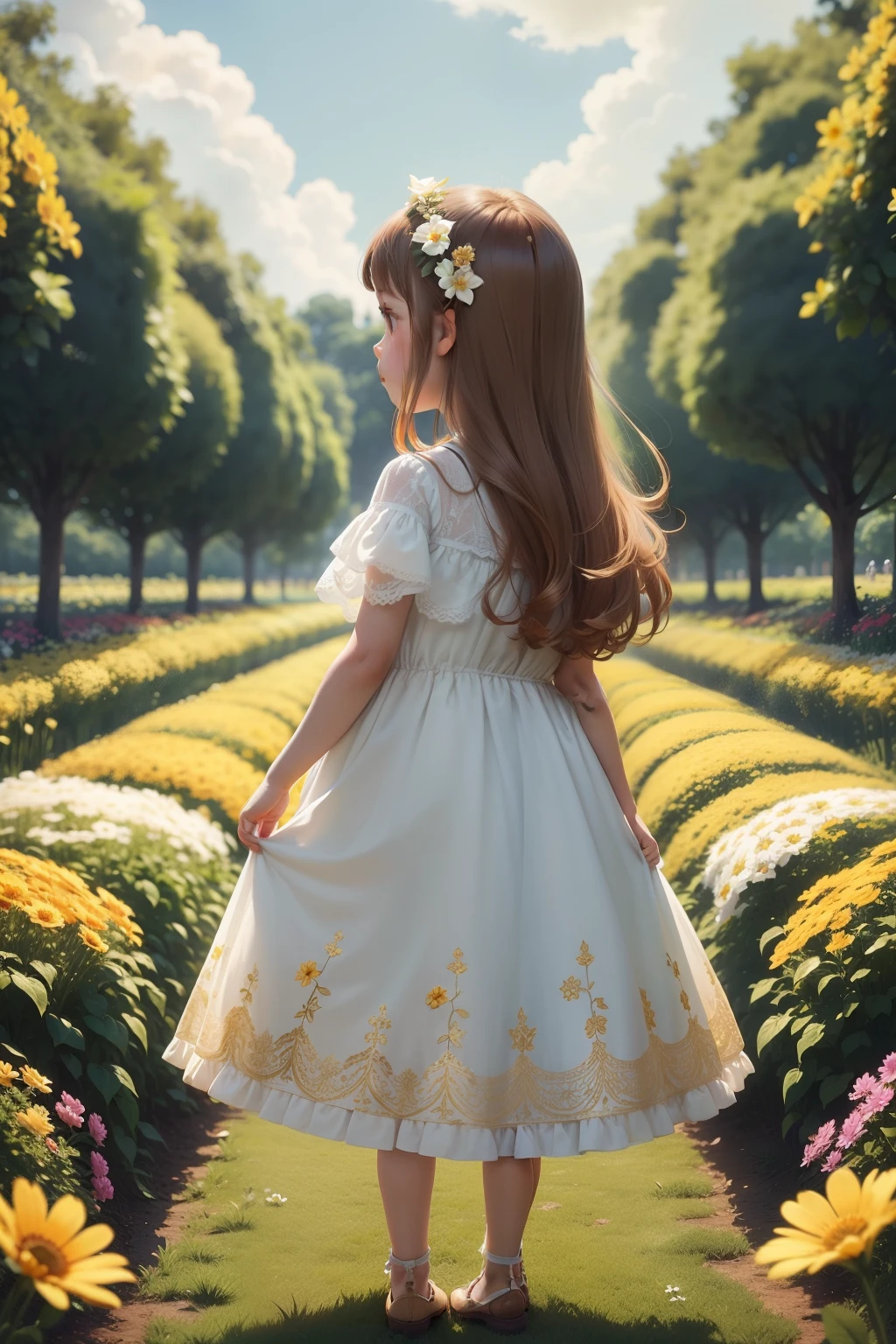 a girl of 3  5 yen a flower garden with golden brown hair wearing a long white dress in the middle of a flower garden with many animals around, her back looking at the sky