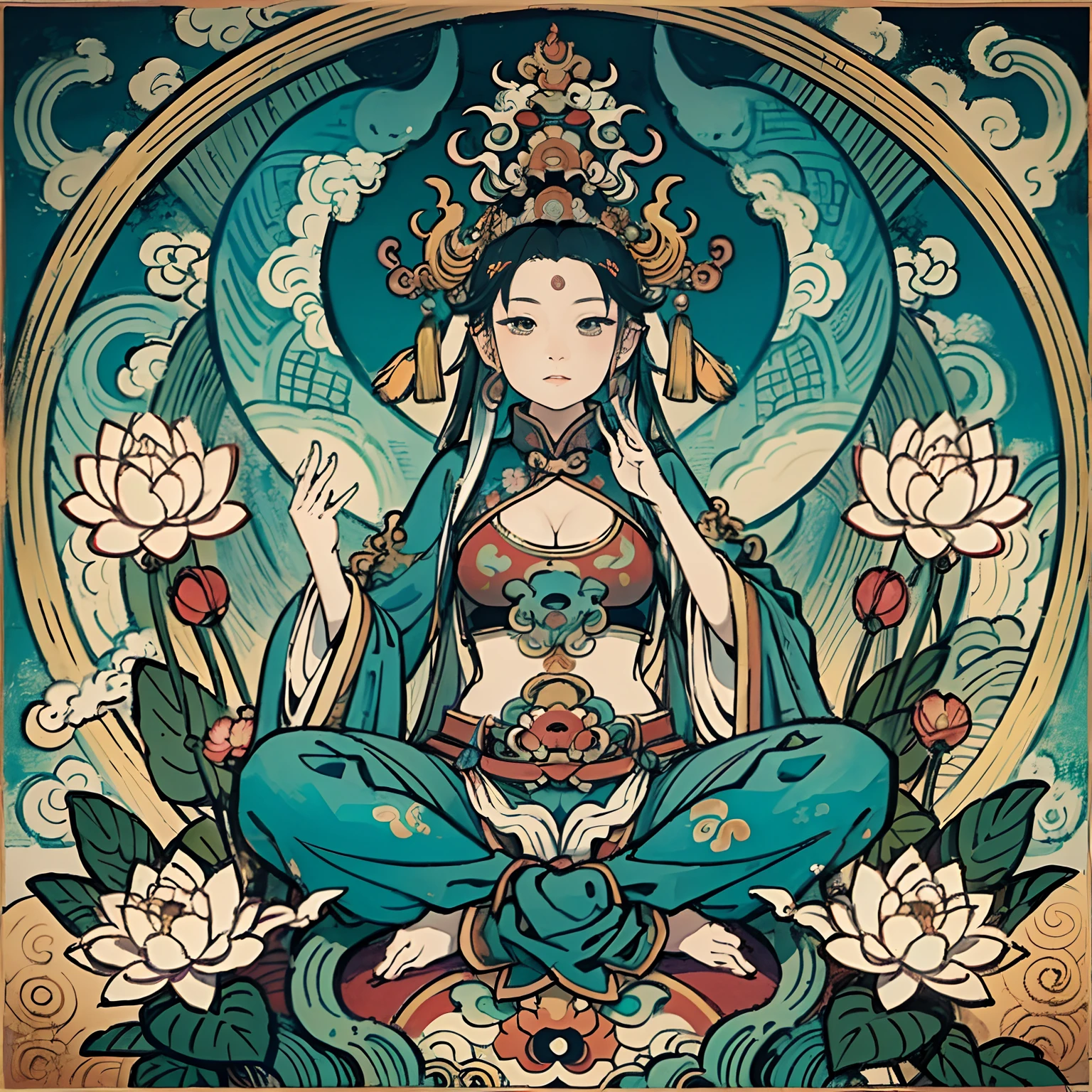 Guanyin Bodhisattva,Female Bodhisattva,The eyebrows are like Satsuki,The eyes resemble double stars,The jade face is naturally joyful,Vermilion's lips were a little red,Sit on a huge lotus leaf,(nsfw: 1.5) (: 1.5), pubic, full body