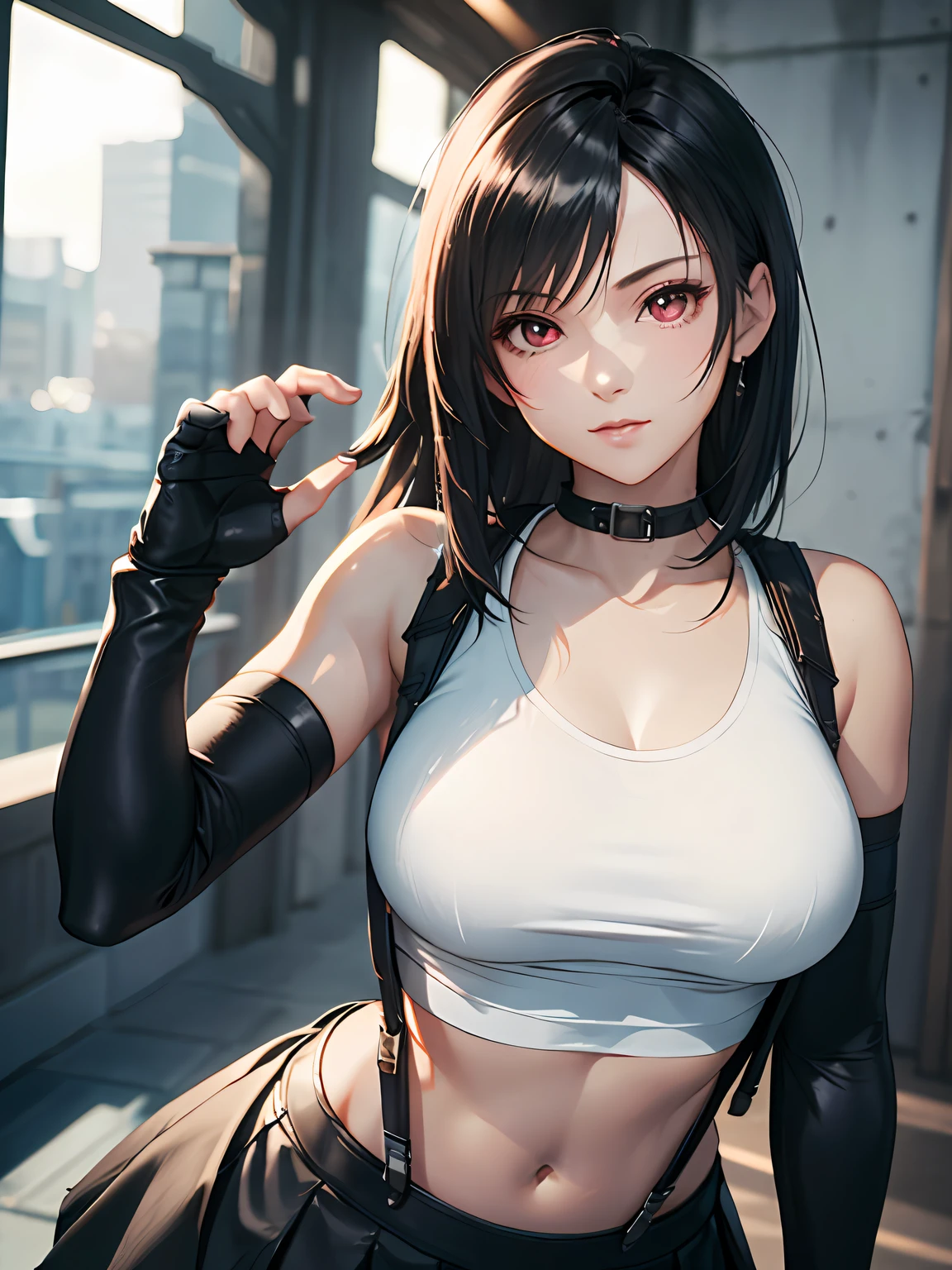 she is wearing black clothes, Exactly, High Cut Bodysuit.A woman boxing Tifa Lockhart