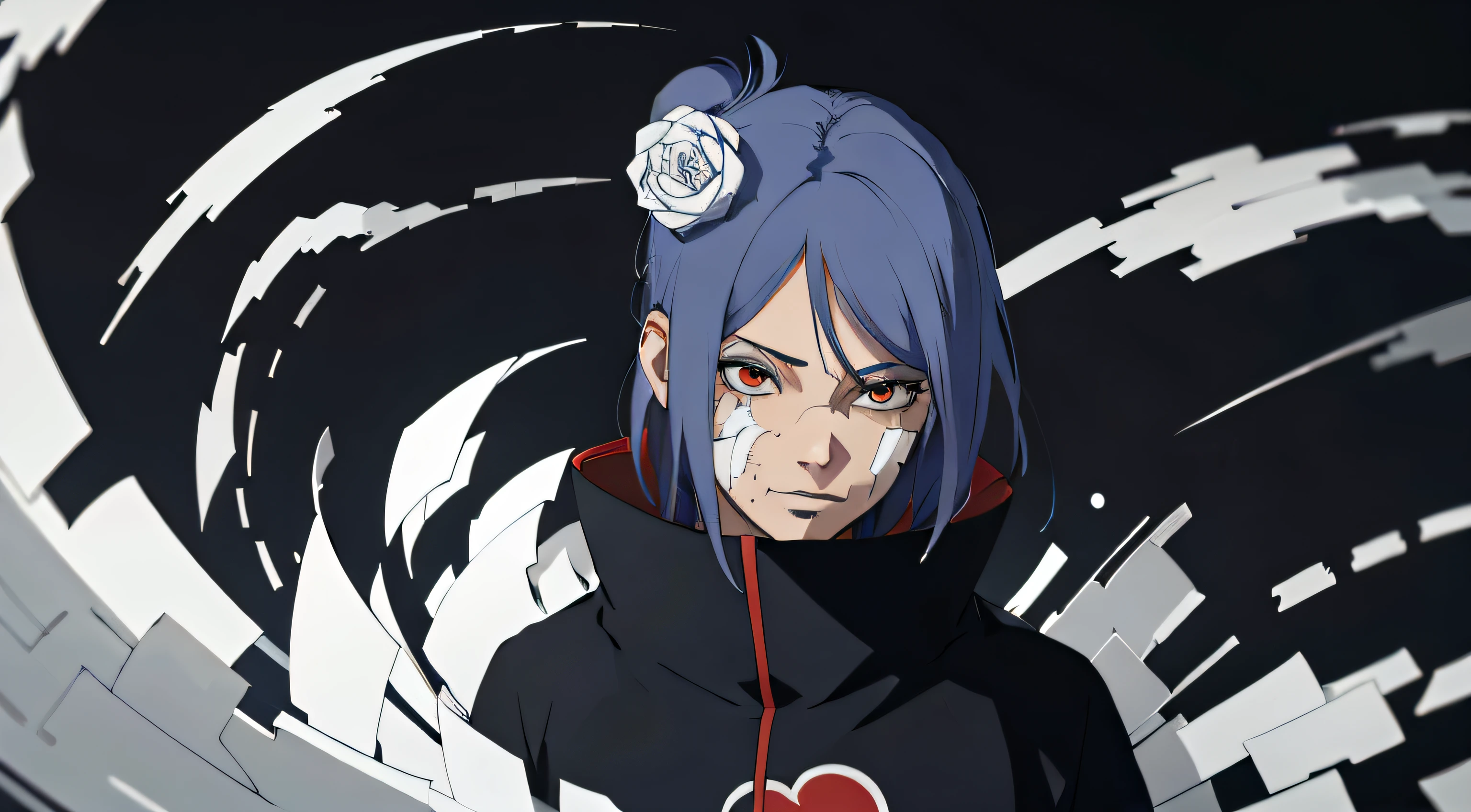 Absurdo, (melhor qualidade), (obra-prima), (ultra-detalhado: 1.2), (fotorrealista: 1.1), (Alto), 1Menina,(injury:1.1),(sangue:1.1), Konan \(Naruto\), (biquini akatsuki:1.1), Piercing labret, (Papel:1.2), ripples, rodopiando, rainbowart,