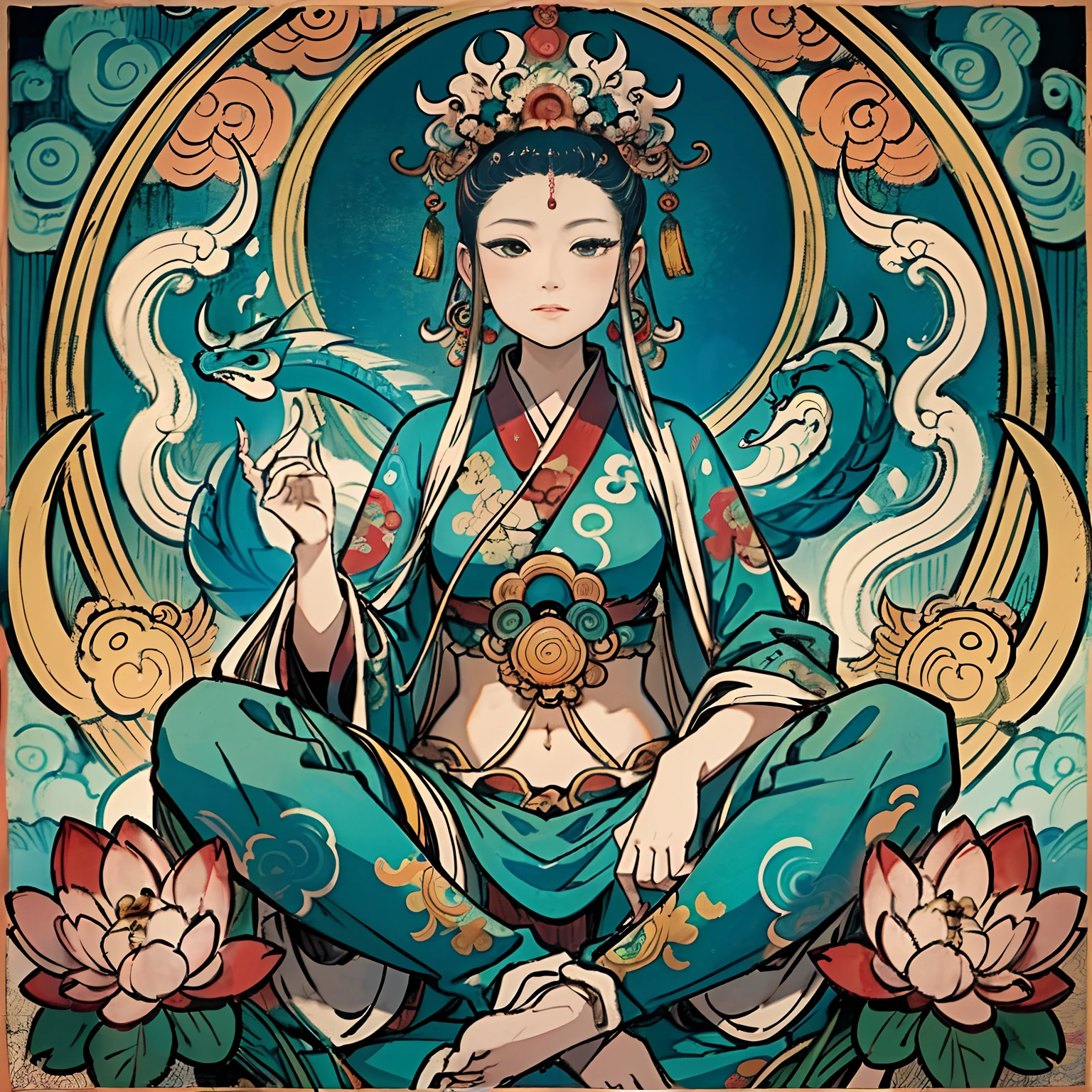 an ancient Chinese goddess, guanyin of the southern seas, Guanyin, Inspired by India, Avalokiteshvara rides a dragon，,Serene expression,shui mo hua,Buddha,Buddhist,Lotus,Chinese painting style,Thangka style