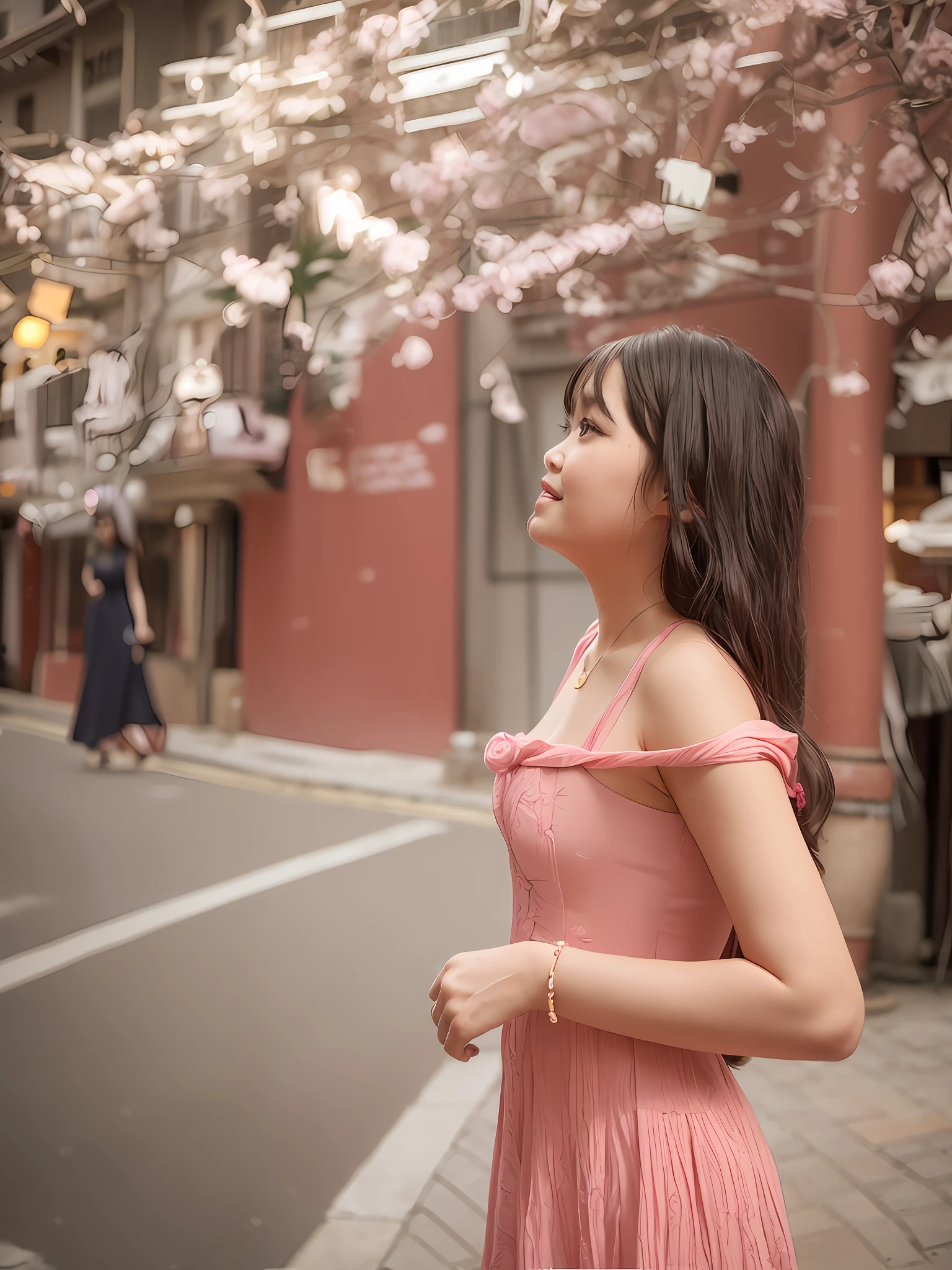 araffe woman in a pink dress standing in front of a building, wearing a pink dress, dressed in a pink dress, in city street, ancient city streets behind her, a young asian woman, young asian girl, a cute young woman, wearing a red cheongsam, young asian woman, captured on canon eos r 6, with flowers, vietnamese woman
