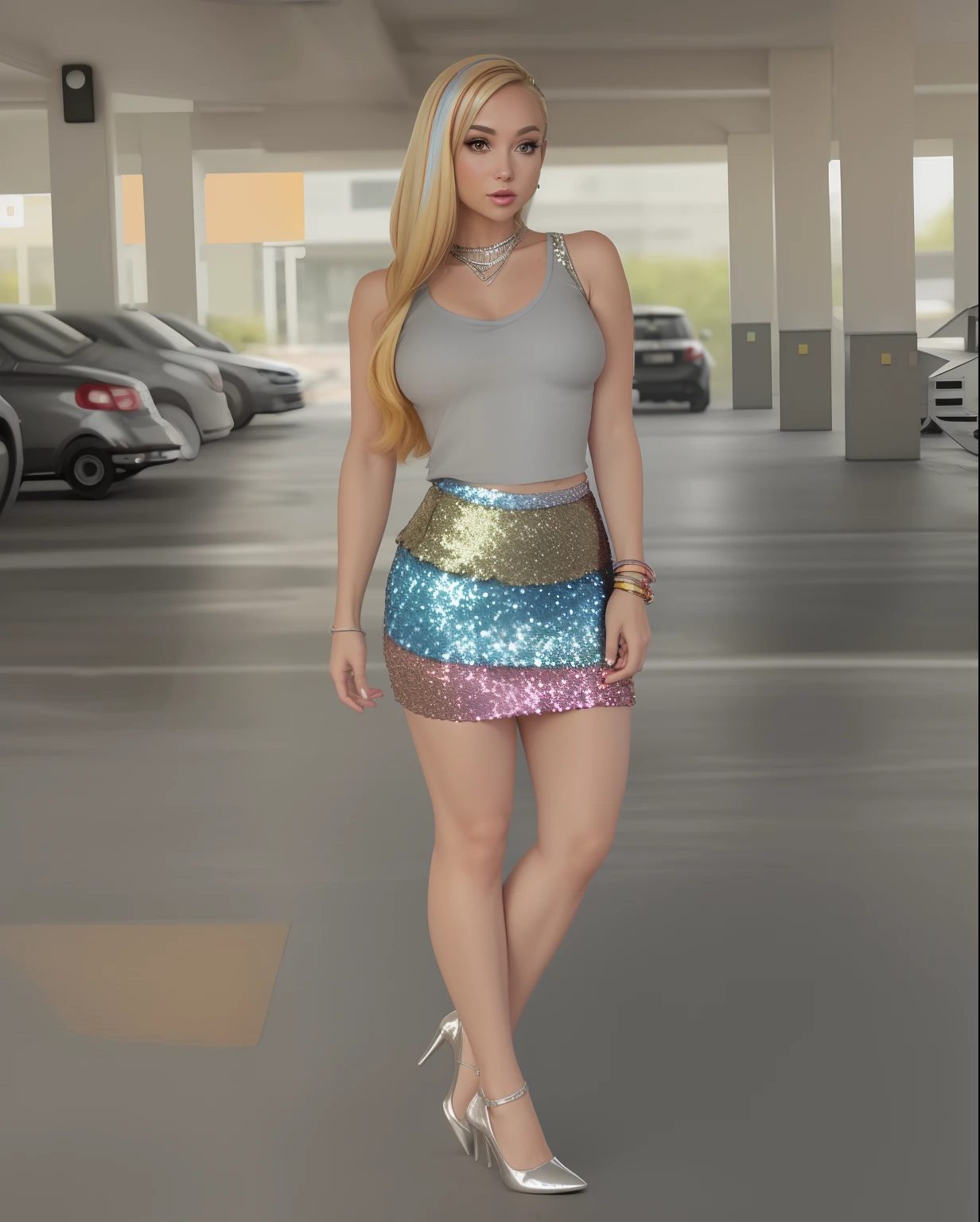 a woman in a silver tank top and a colorful sequin skirt, beautiful short skirt, short skirt, tight outfit, wearing a tanktop and skirt, very sexy outfit, mini-skirt, sequins, sexy look, shiny and sparkling, katelynn mini cute style, wearing honey - themed miniskirt, mini skirt, sexy outfit, multi colored, blond hair, medium breast
