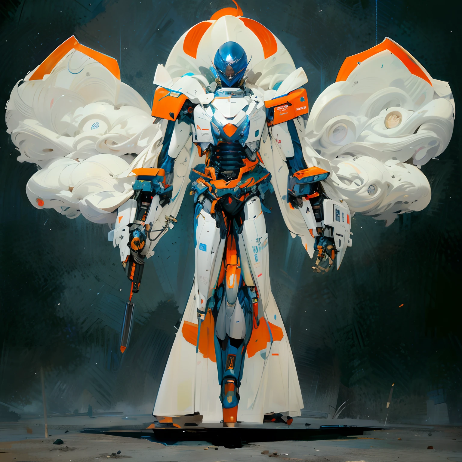 a white colored transformer with orange inserts, symmetrically arranged orange parts, on the frontof the body not transparent cabin, on the back - aircraft's wings, arms from elbows to hands look like the front part of a car like from lamborghini, wheels are visible on the forearms, wheels are visible on the back of the knees, on the legs from knees to the ankle there are aircraft's repulsors and small aircraft's tail wings, dressed in a cloak with a metallic tint, no helmet, light blue eyes, instead of the right hand there is a built-in plasma pistol, an orange energy blade comes out of the wrist of the left hand, two legs, two arms, not a suit, composition on the metal planet, big metalic planet, dark-blue metal, shiny metal, cybertron, mechanical planet, empty wasteland, no buildings, no structures, dark blue storm clouds, light blue lightning from clouds, blue river, river to horizon, electrized river, light blue lightning from river, space sky, stars on the sky, realistic, watercolor, 4k, high quality, hight attention to details.