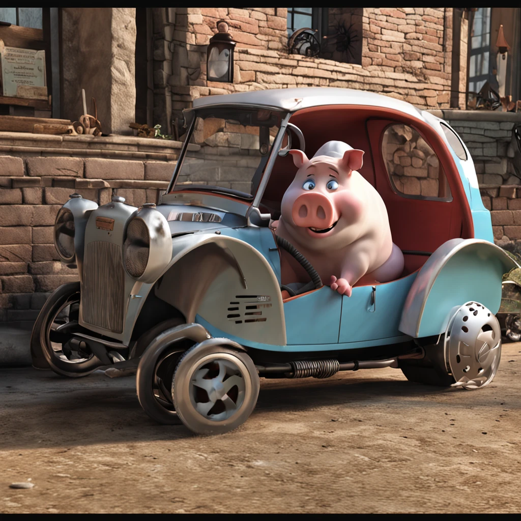 (master part, ..cgi, high resolution, photo-realistic:1.3), Um porco dirigindo um carro, pig, porquinho dirigindo um carrinho, animal fofo, ultra detalhado, carro, alta velocidade, estrada, concept art