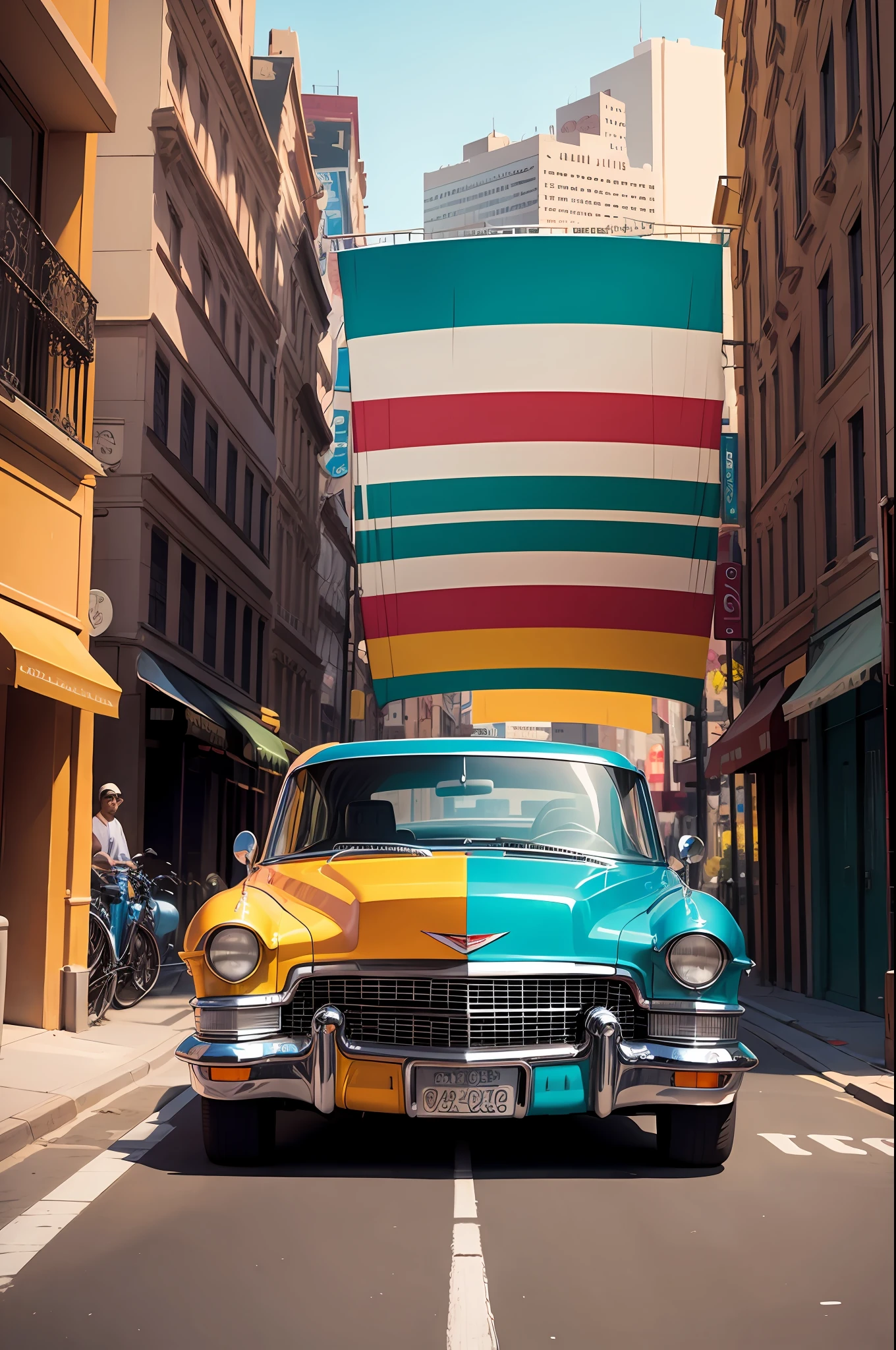 "Classic Cadillac DeVille gliding through a stunning city boulevard, vibrant and lively colors, dynamic cartoon coloring book style, bold contrasts, wide-angle shot." --auto