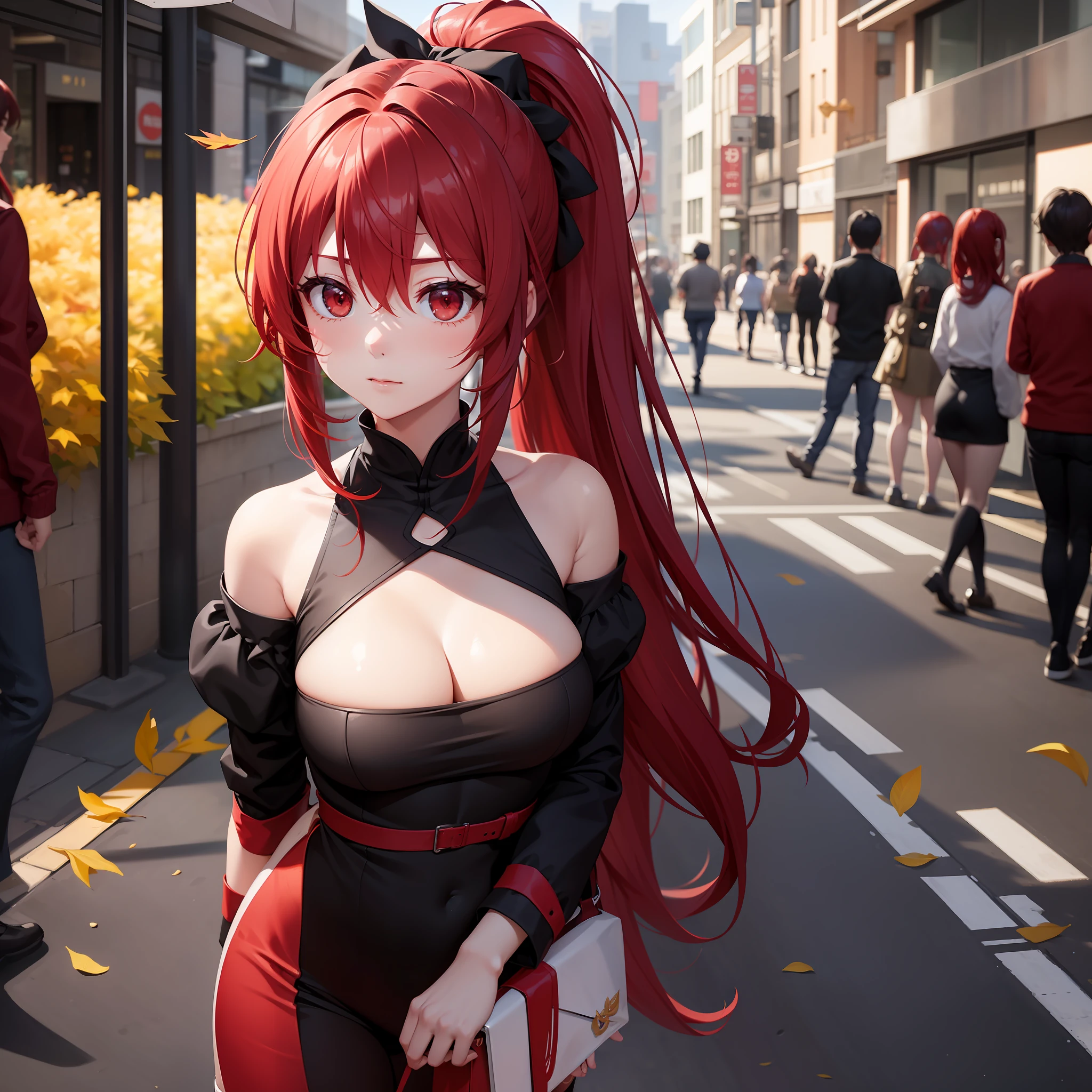 （HighestQuali），（depth of fields），（full bodyesbian），adolable，rich details​，（whaite hair），2-dimensional，longponytail，Light red eyes，Red hair accessories，[Be red in the face]，（is shy），无袖，Open your shoulders，the street，Leaves fall