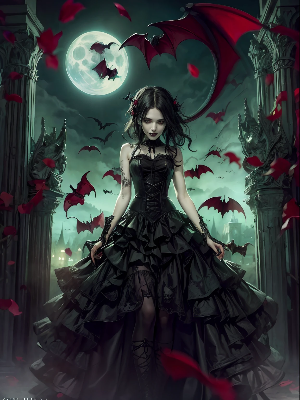 (dark fantasy), (Ultra Wide AngleMoonlight), In front of a Gothic castle, a skeleton maid (Head down, dressed in tattered maid attire，with green eyes, Open your mouth, On the far right side of the screen) ,  Electroluminescent Wire, Dreamy Glow, conceptual digital art, Azure blue and gray, (masterpiece, best quality, UHD, extremely detailed, Cinematic Lighting), gothicpunkai