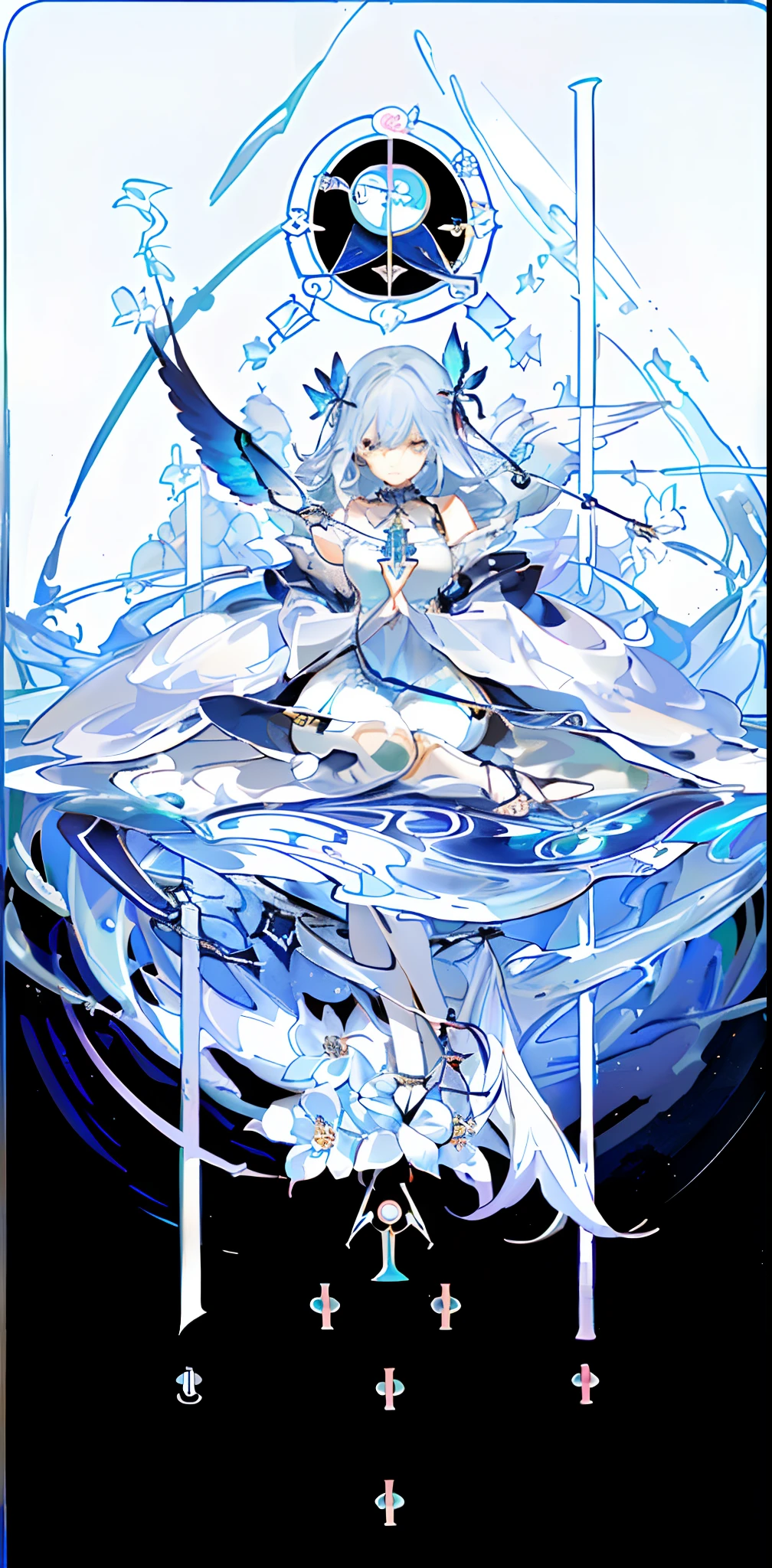 (the golden ratio:1.2),(Rose graffiti:1.2),(Fault color:1.3),[(White background:1.4)::10],(full bodyesbian:1.2),(ultradetailed:1.3),(tarot cards:1.6),(magestic(tarot cards):1.6),(paper:1.2),(faeries:1.6),(Fairy Wings:1.2),full bodyesbian,dangling,(cruel:1.2),(Long red hair),(butterfly hair ornaments),(Floral hair ornaments:1.0),((sandals,Locket)),(Colorful cocktail dress:1.0)+(Loose-fitting sleeved jacket:1.3)+(Fluttering colored tassels and ribbons:1.2 ),(White stockings:1.2),(Colored ink paper flowers:1.2),(Sea of colorful flowers:1.3),(Chaotic geometry:1.3),(negative space:0.8),(Drawing board:1.3 ), (Etheric color ink flows:1.3)Mandala composition，Dark，Black gold tone，Stereo light，black color hair，bule，Girls from 6 to 7 years old，long  skirt，Rich in detail，highest  quality，Scattered white bones，black cats，the phantom，vine，Rosa flowers，Delicate doll，uncanny，Dark Lolita，Gothic