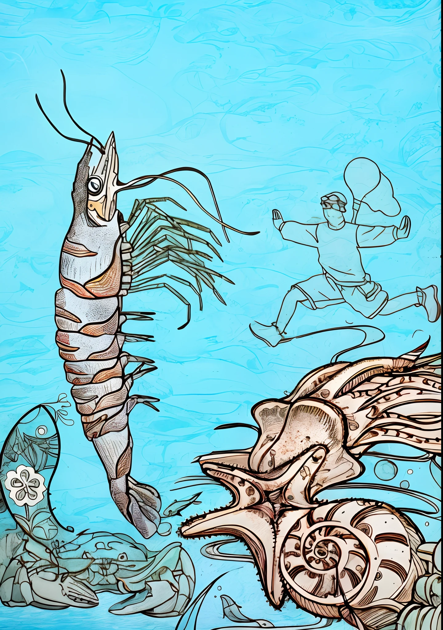 Shrimp and lobster diagram in ocean scene, full page illustration, line art illustration, colouring - in sheet, coloring page, crustacean, A illustration, friendly guy and small creature, full page illustration, Jordan Peterson as Lobster, Official illustration, coloring page,