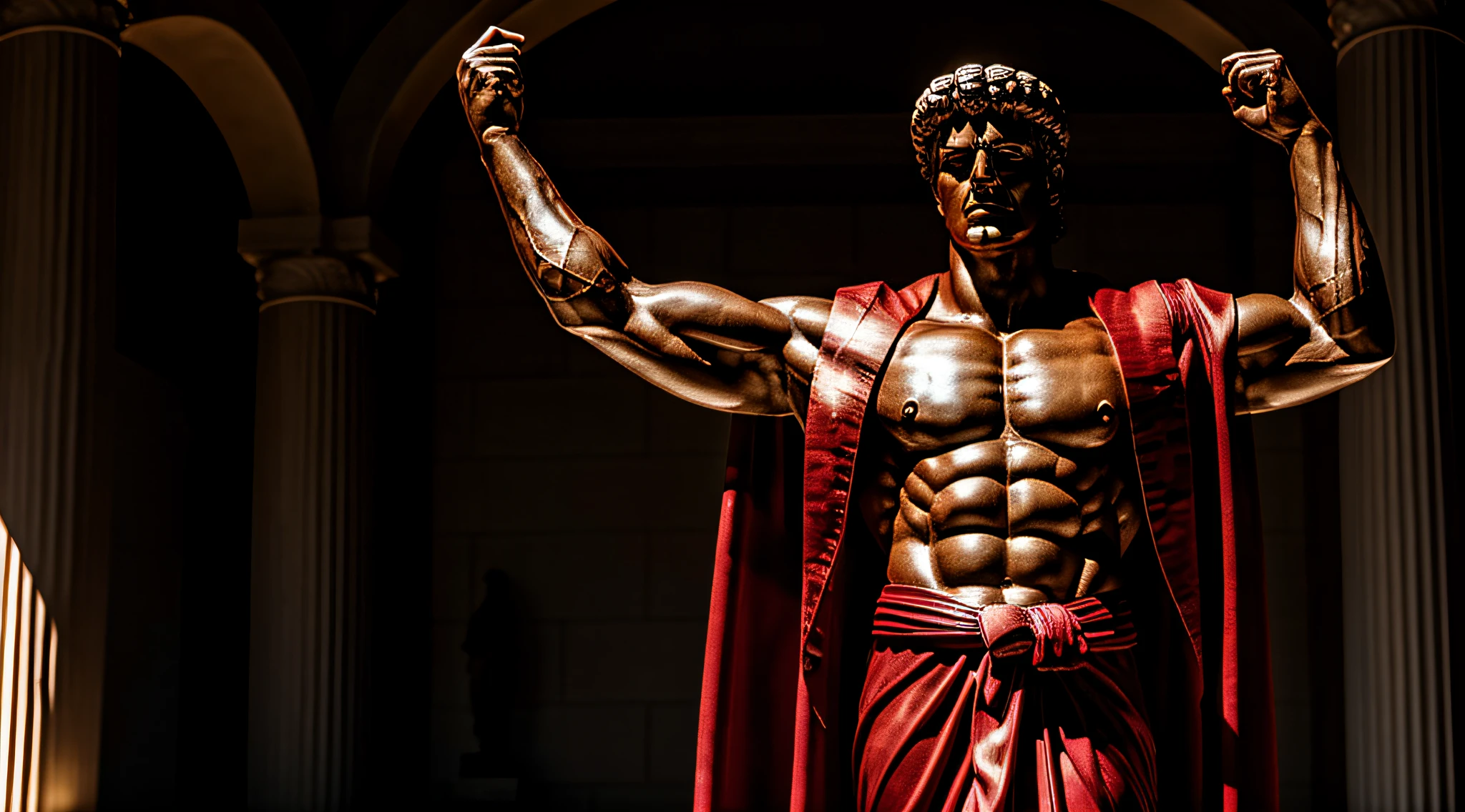 Jacked stoic statue, classic greek style, wearing a scarlet robe only, reflecting about life, neutral background, high contrast, full body length, cinematographic scene, photorealistic, super detailed, BEST QUALITY, 8K