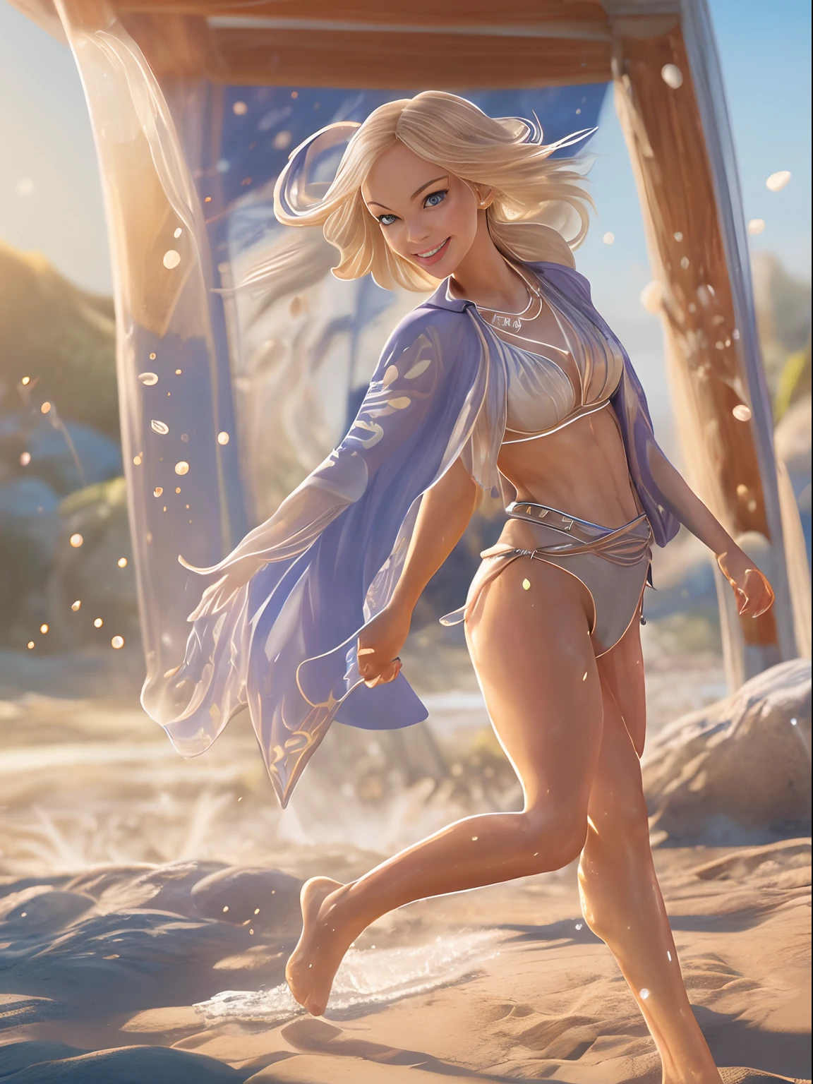 (masterpiece), (((super realistic photo of a poor beautiful girl))), (((well-focused))), (((photo of a perfect realism with contrasting light and shadow))), smiling, natural smile line, she smiles shyly, slender, realistic sized blue eyes, (portrait of beautiful girl),, jumping on the beach, splash, fractal art, crystallineAI, from below,(((straight blond short hair))), slender waist and beautiful legs, wet lips without lipstick, shiny pale skin, slender, well-shaped bridge of nose, sharp jawline, (cheeks are flushed), sunlight, cinematic light, bangs, detailed hairstyle, perfect anatomy, full body, centered image, stylized, bioluminescence, 8 life size,4k Resolution, human hands, wonderful, elegant, approaching perfection, dynamic, highly detailed, character sheet, concept art, 3d, naked