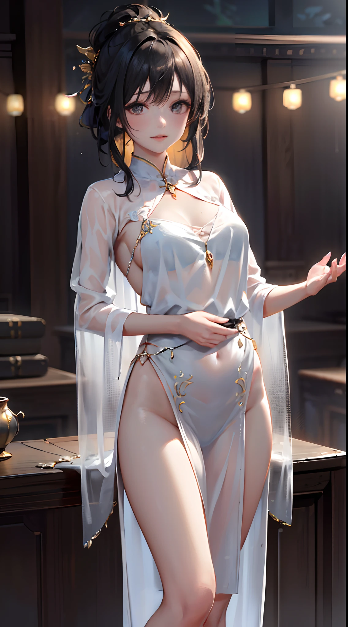 NOWAI，beautiful  Girl，，tmasterpiece，best qualtiy，highly  detailed，no underwares，clothes see-through，Enchanting pose，is shy，Put your hands behind you，8K，Face front，Cinematic texture，Ultra-high rendering，Movie lighting，eventide