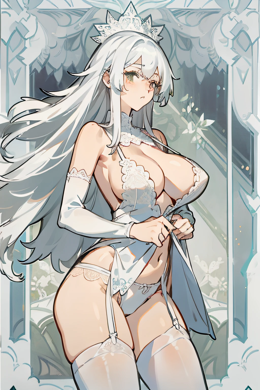 Gentle and mature wife，huge tit，long whitr hair，long layered silvery white hair，Human wife face，Wearing a white lace bra，Wearing white lace panties，Wearing white stockings