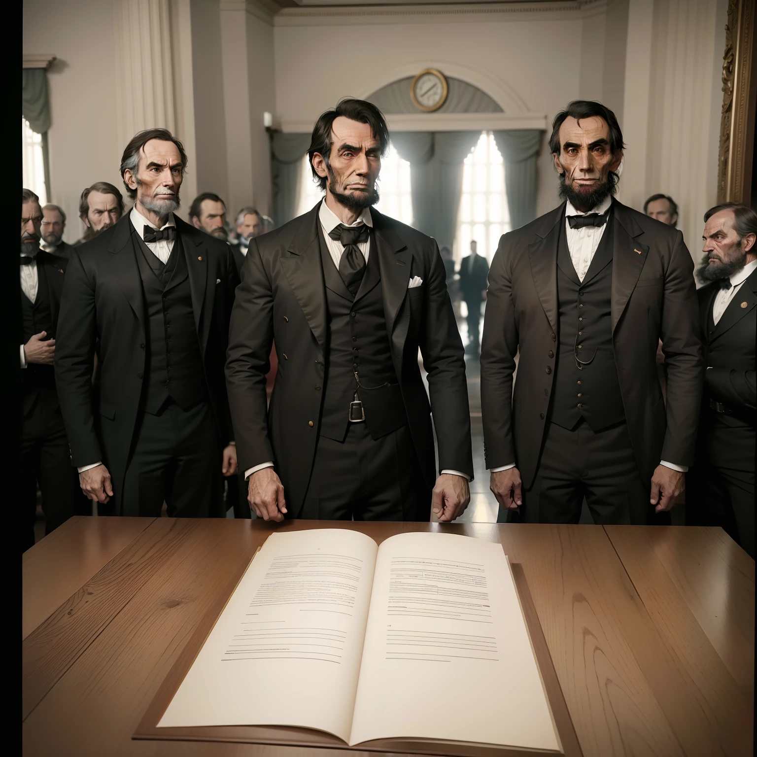 Wide angle shot of united state parliament, a scene at 1860s, american senators, (8k, RAW photo, best quality, masterpiece:1.2), ultra detailed, official art, photo-realistic:1.37, upper body shot, Abraham Lincoln is talking against slavery, film grain, action pose at senate, extreme wide angle