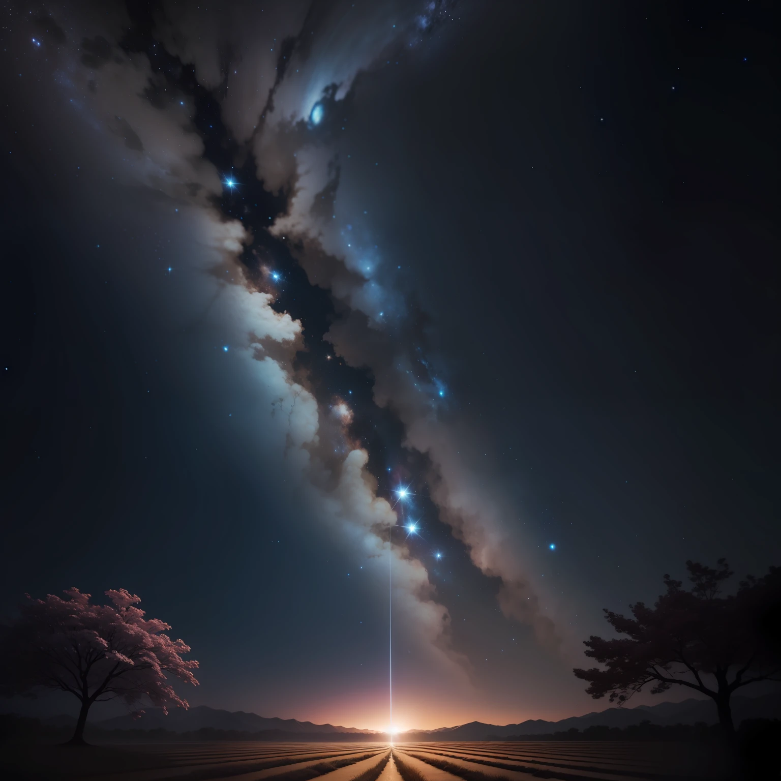 Fotorrealista, 4k, Ultra resolution, wallpaper, noite estrelada, bluish quasar in the upper right corner of the sky, dirt floor at the bottom, arvore sakura soltando petalas