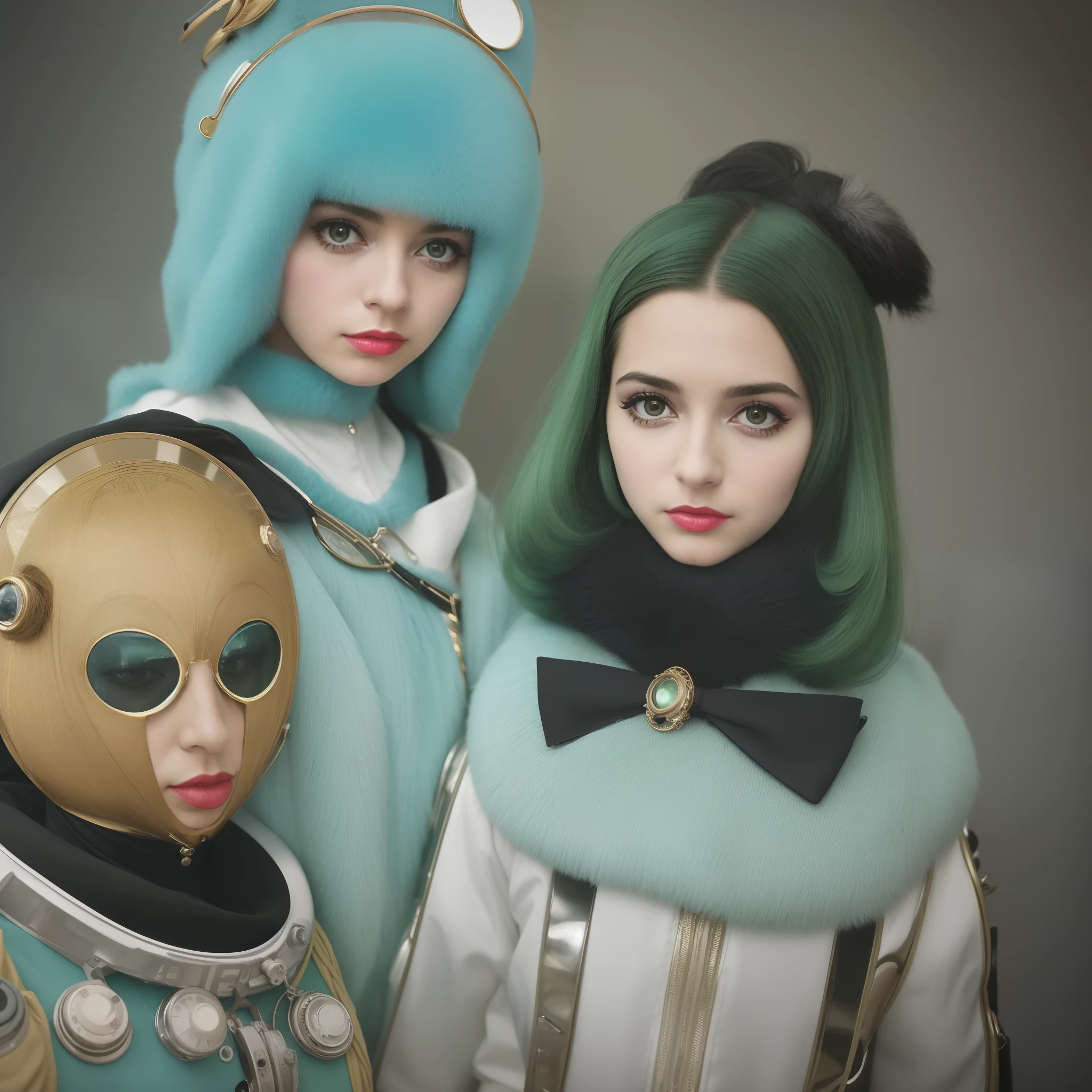 8k portrait of a 1960s science fiction film by Wes Anderson, Vogue anos 1960, pastels colors, There are people wearing weird futuristic masks and wearing extravagant retro fashion outfits and men and women wearing alien makeup and old ornaments with mechanical pets in town, Luz Natural, Psicodelia, futurista estranho, fotorrealista, hiper detalhado, foco nítido, Intrinsic, Fuji filmes 55mm,