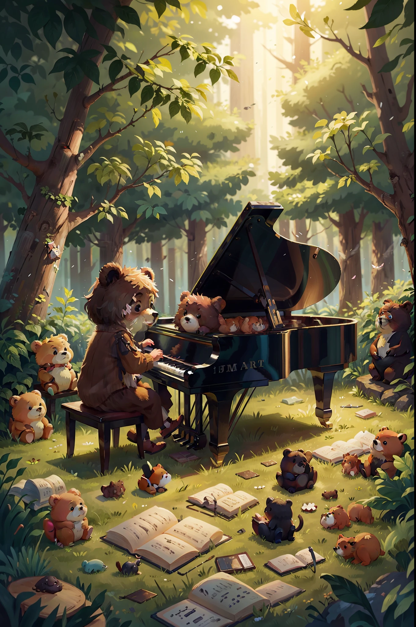 In the Little Bear Forest, a cute little bear is sitting in front of the piano playing melodious music。