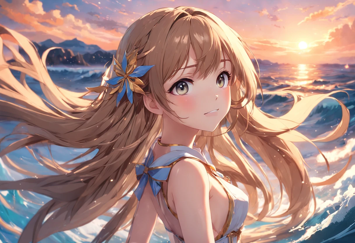 masterpiece, best quality, sea, masterpiece,best quality,official art,extremely detailed CG unity 8k wallpaper, game_cg, incredibly_absurdres, wallpaper, long hair, adorable girl, angel, ahoge, light brown hair, bangs, light smile, eyeshadow, medium breasts,