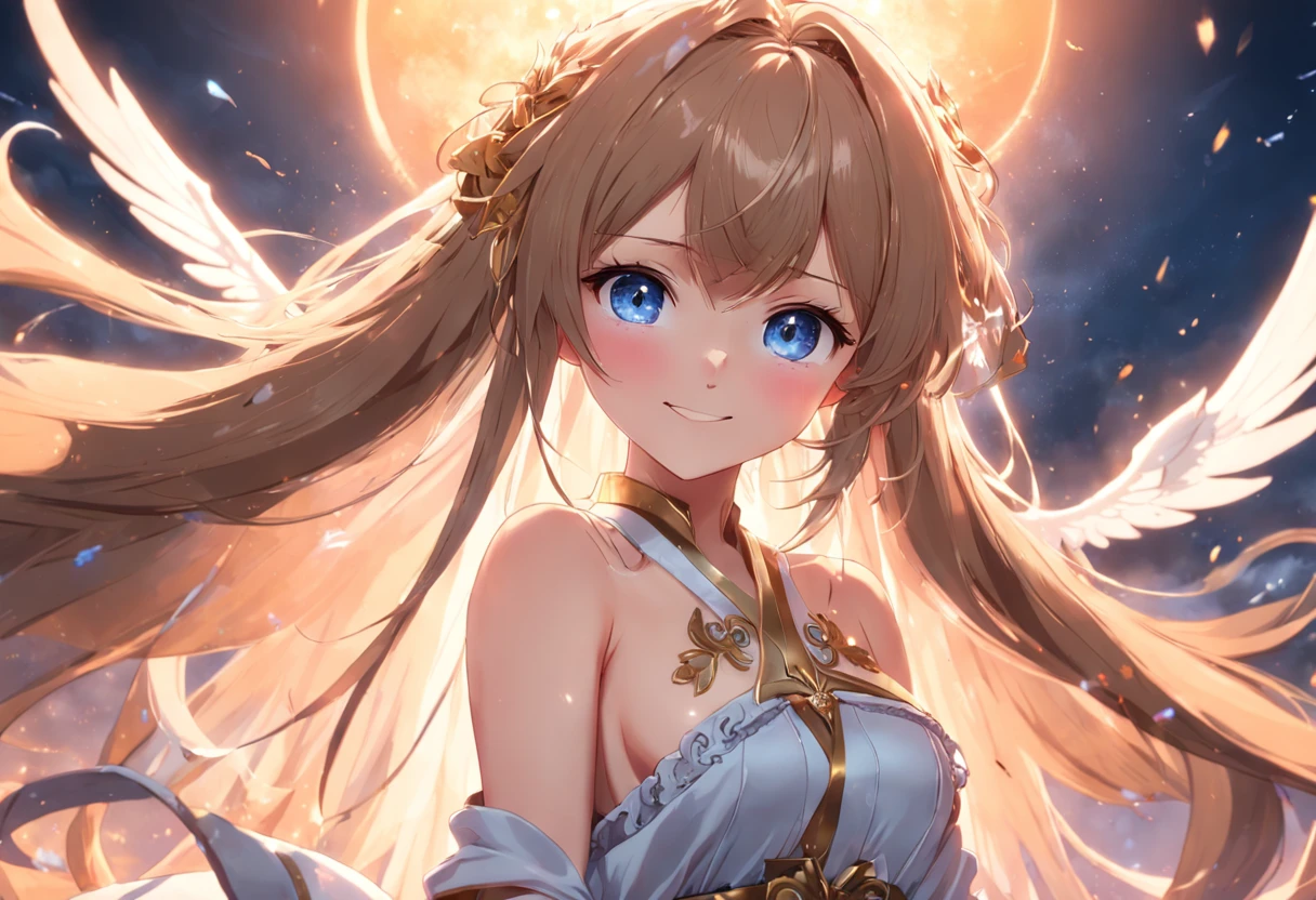 masterpiece, best quality, sea, masterpiece,best quality,official art,extremely detailed CG unity 8k wallpaper, game_cg, incredibly_absurdres, wallpaper, long hair, adorable girl, angel, ahoge, light brown hair, bangs, light smile, eyeshadow, medium breasts,