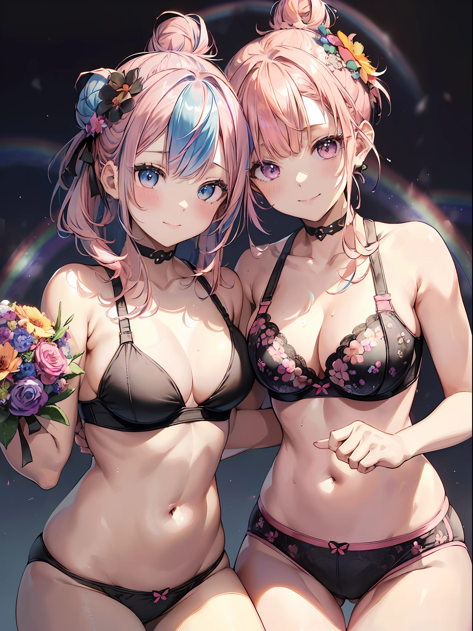 absurderes,(masterpiece、top-quality、8K ),intricate detailes,ultra-detailliert、one girls、A smile、(bbw:1.2)、(A pink-haired、rainbow color Hair:1.3),((Bun hair:1.4)),(Black Sports Bra、Black Short Spud:1.3),(Flower bouquet:1.3),Festive background、Hyper realistic,Perfect Anatomy
