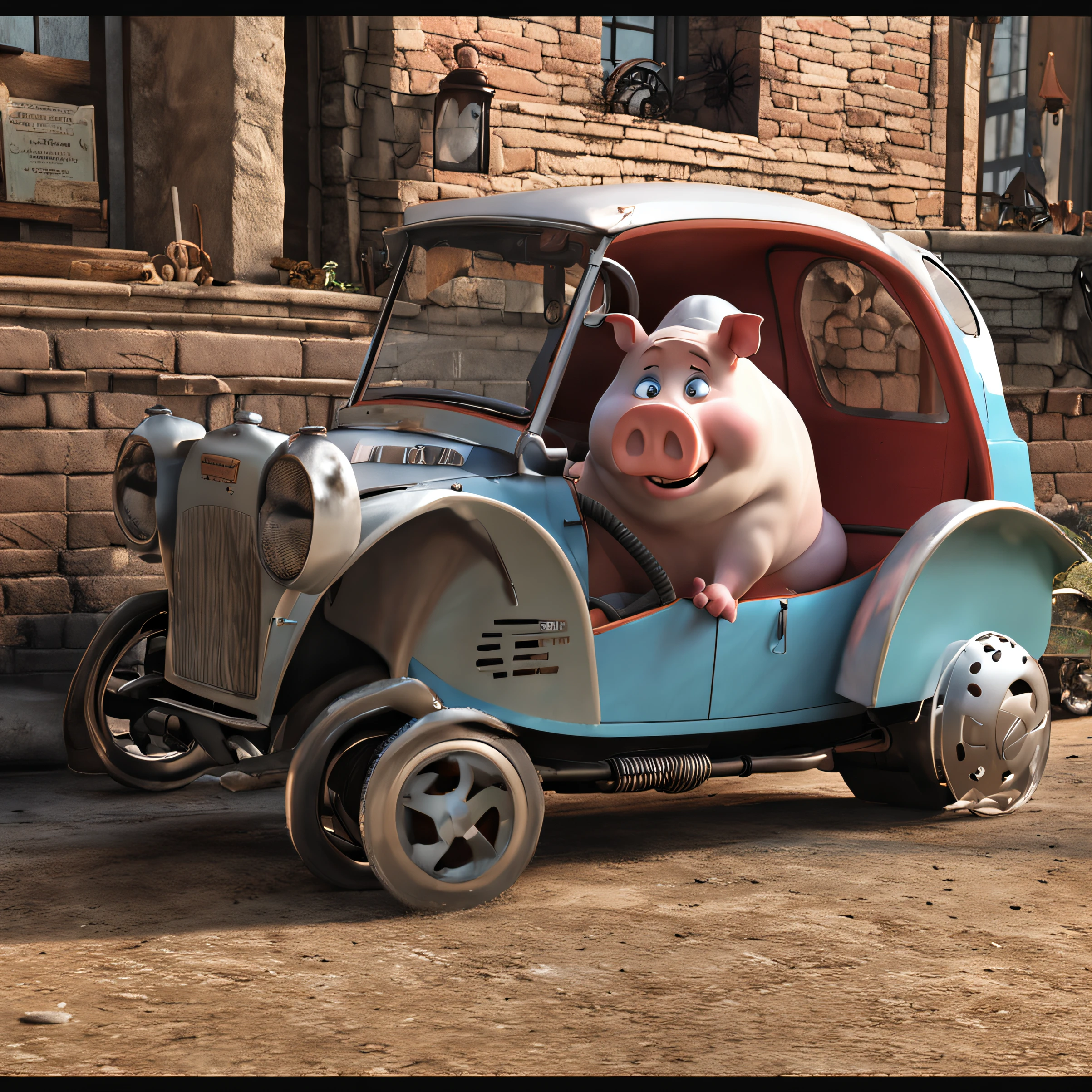 (master part, ..cgi, high resolution, photo-realistic:1.3), Um porco dirigindo um carro, pig, porquinho dirigindo um carrinho, animal fofo, ultra detalhado, carro, alta velocidade, estrada, concept art